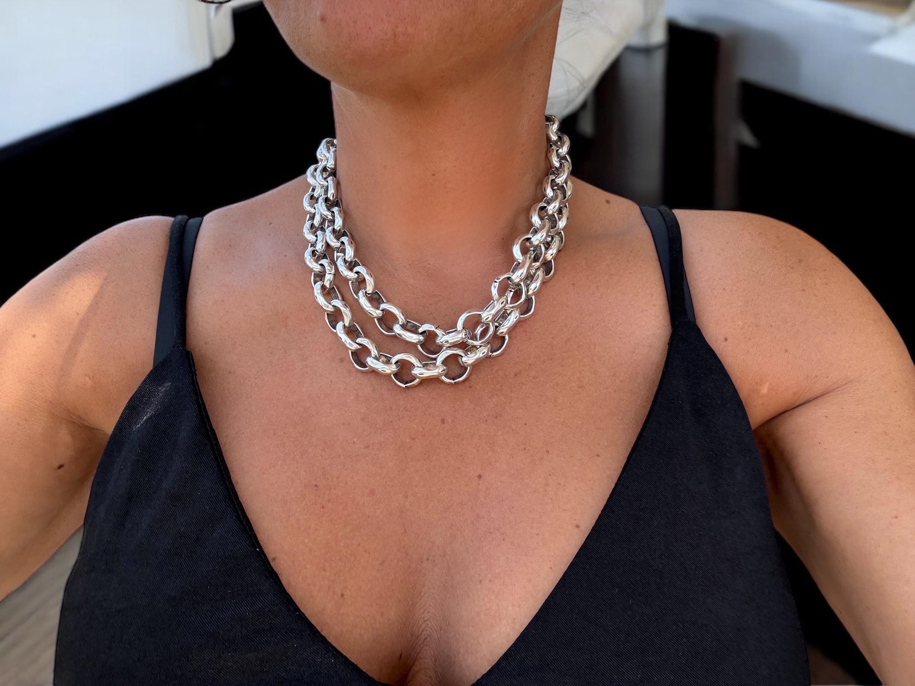 Chunky layered silver chain necklace, bold solid link, toggle clasp, handmade jewelry