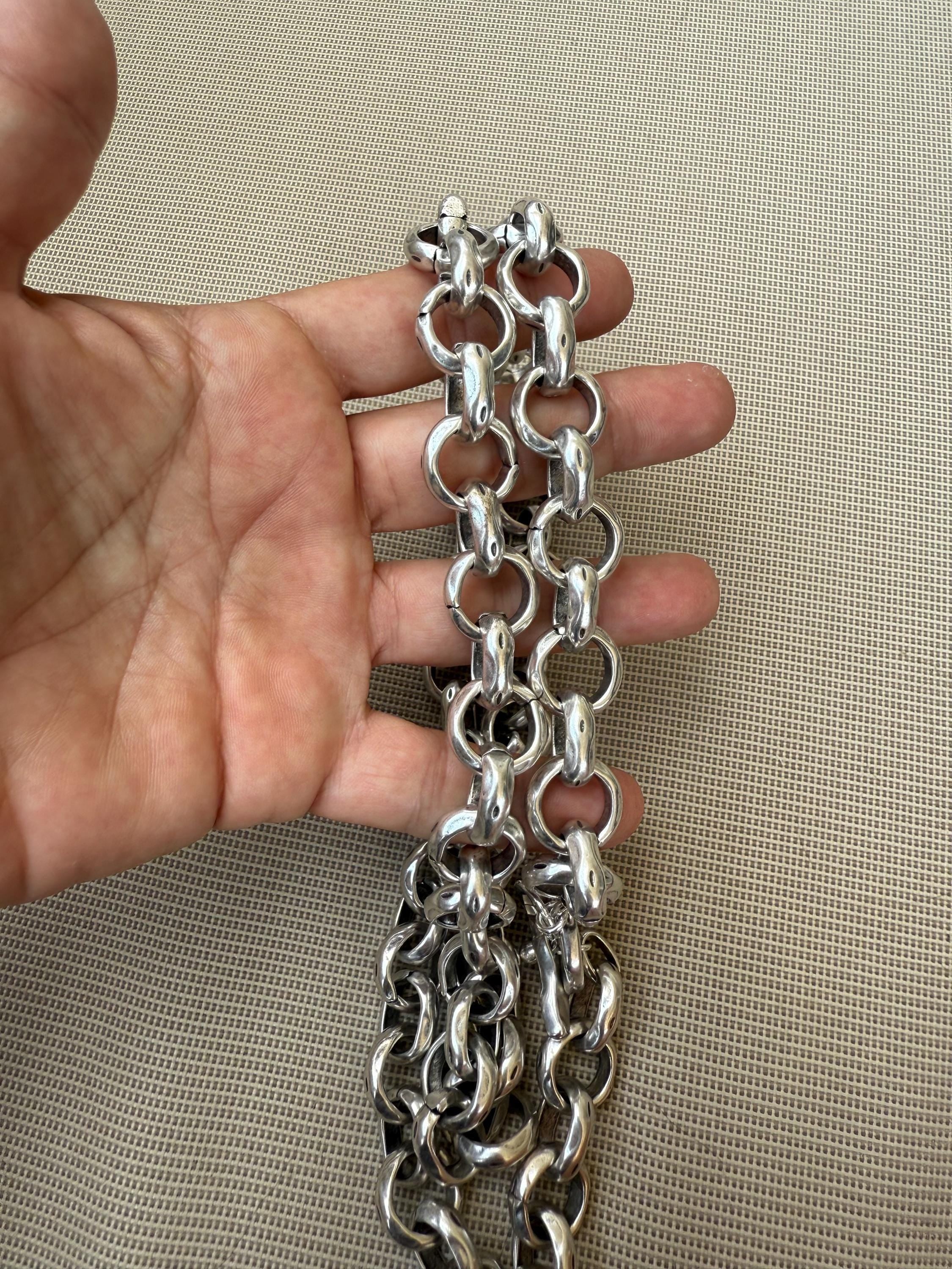 Long silver chuny chain necklace, bold solid link toggle clasp, handmade jewelry