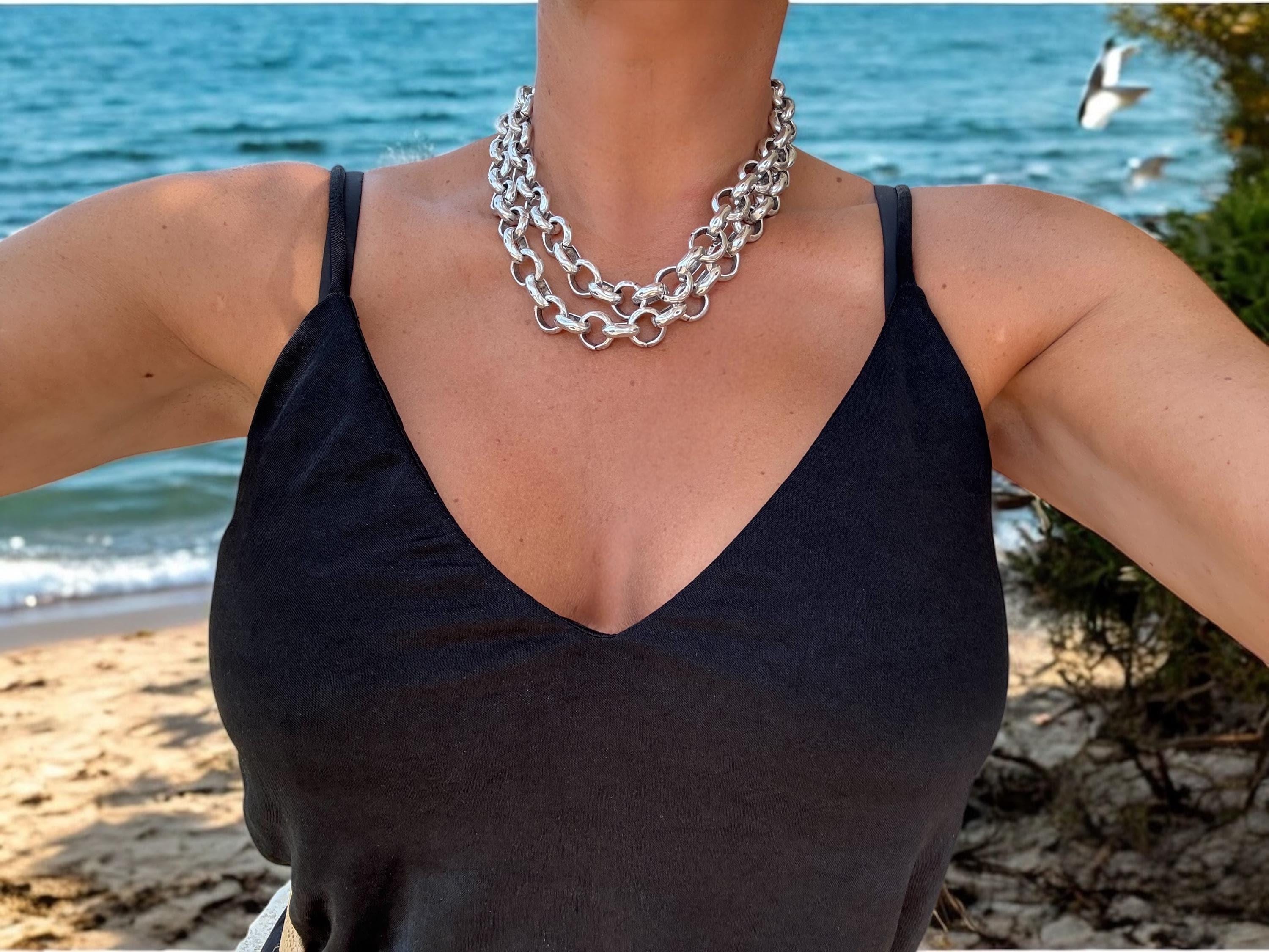 Long silver chuny chain necklace, bold solid link toggle clasp, handmade jewelry