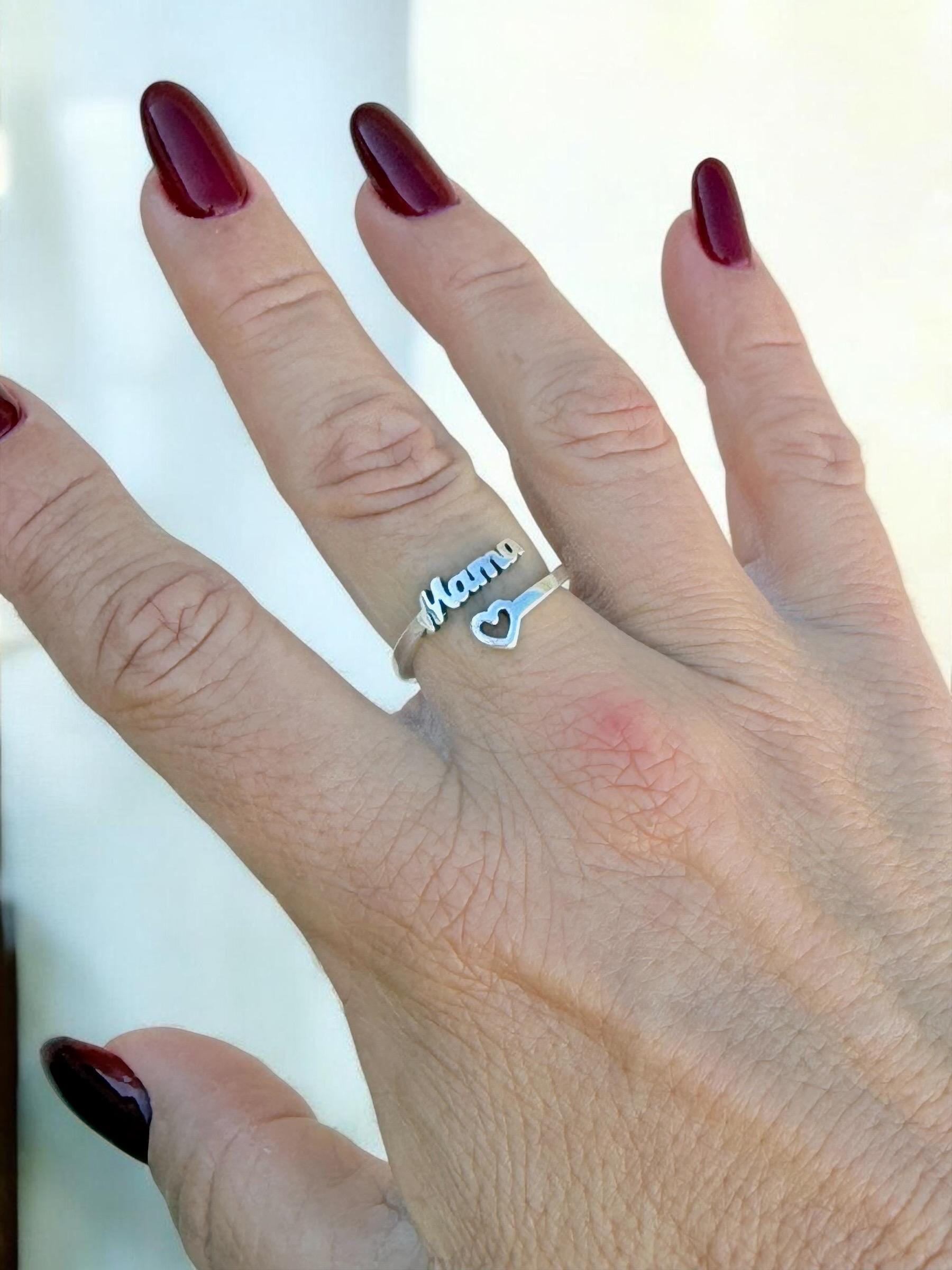 Bohemian silver plated ring with heart and mom engraved message