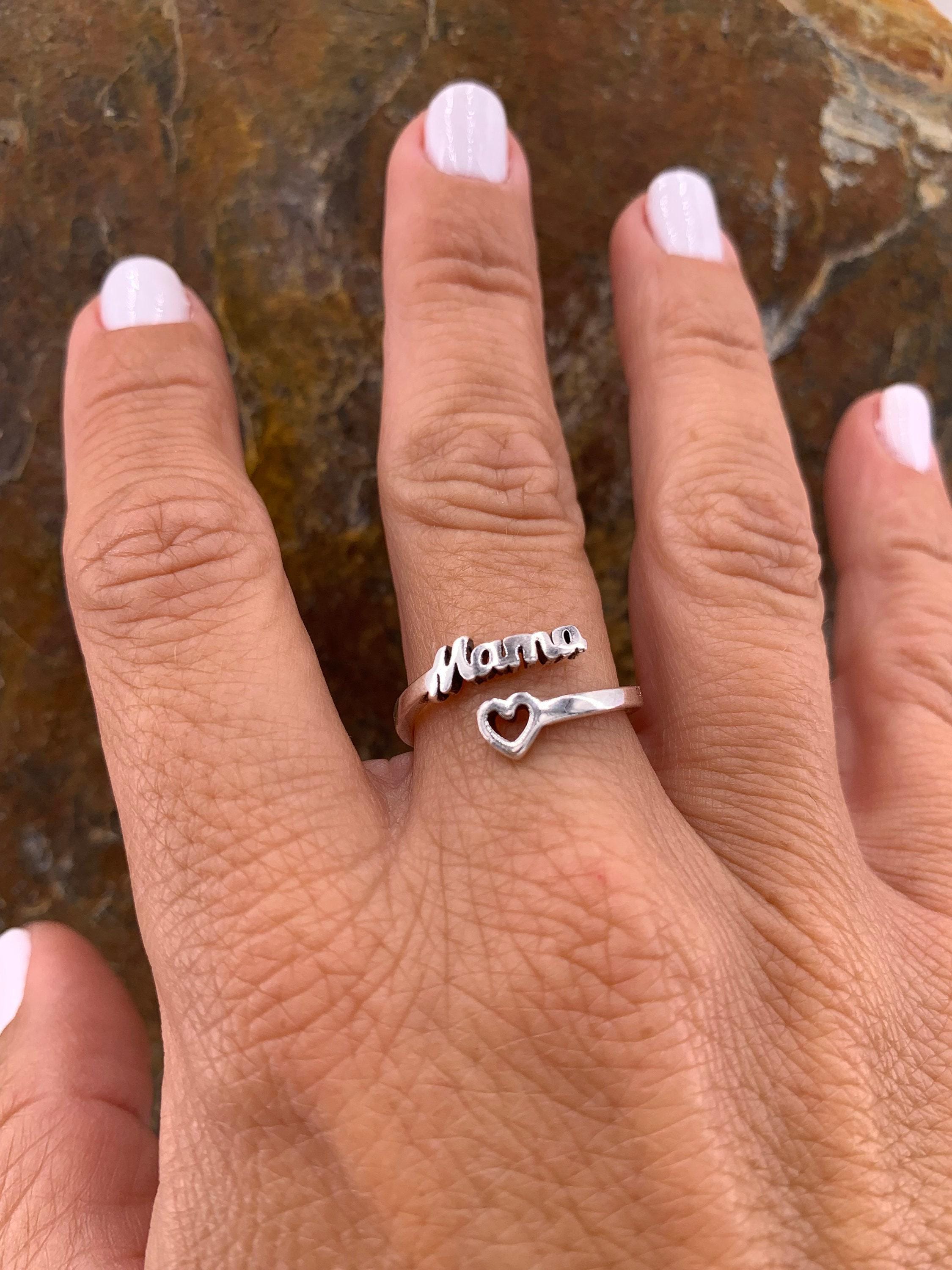 Bohemian silver plated ring with heart and mom engraved message