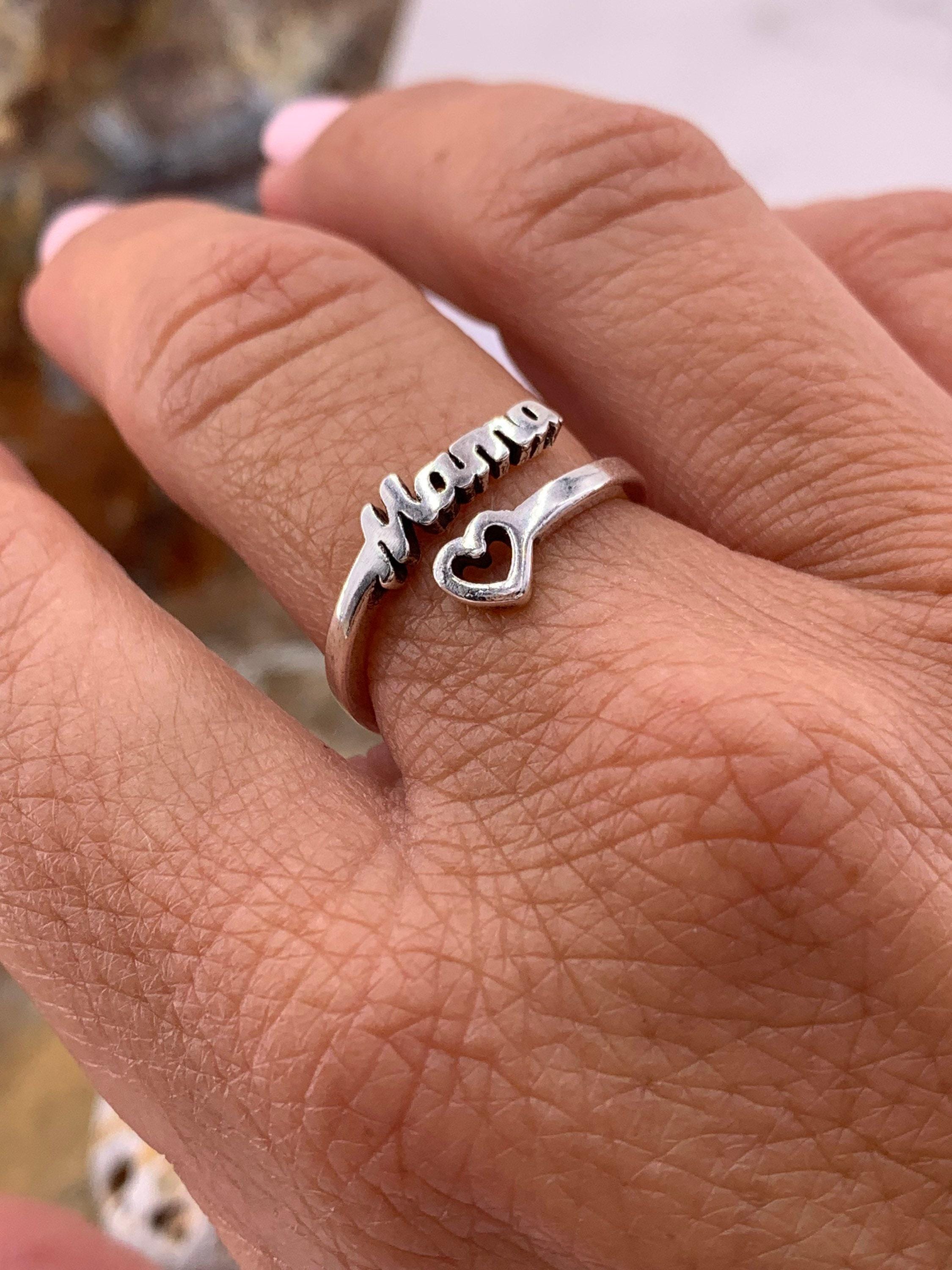 Bohemian silver plated ring with heart and mom engraved message