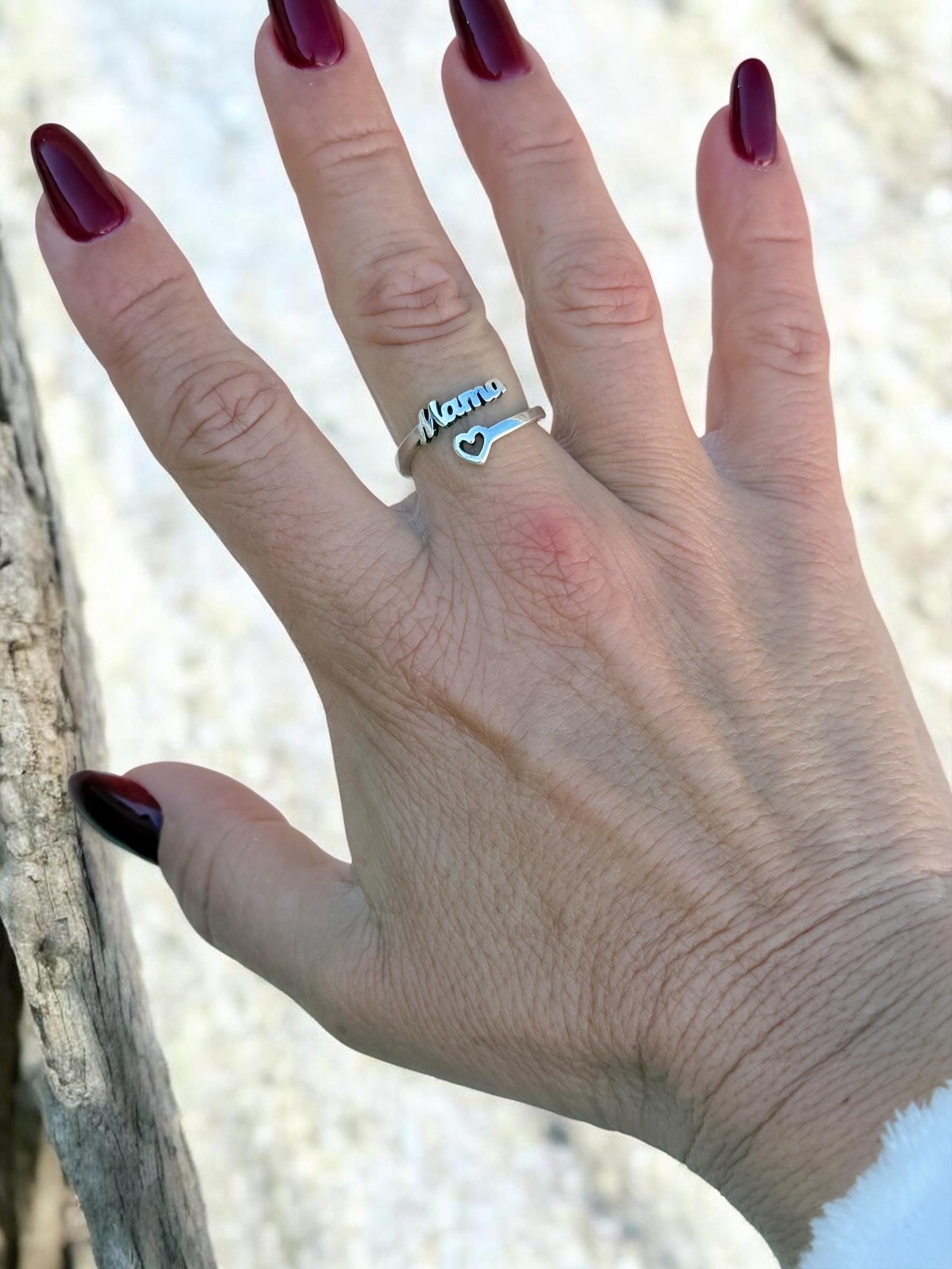 Bohemian silver plated ring with heart and mom engraved message