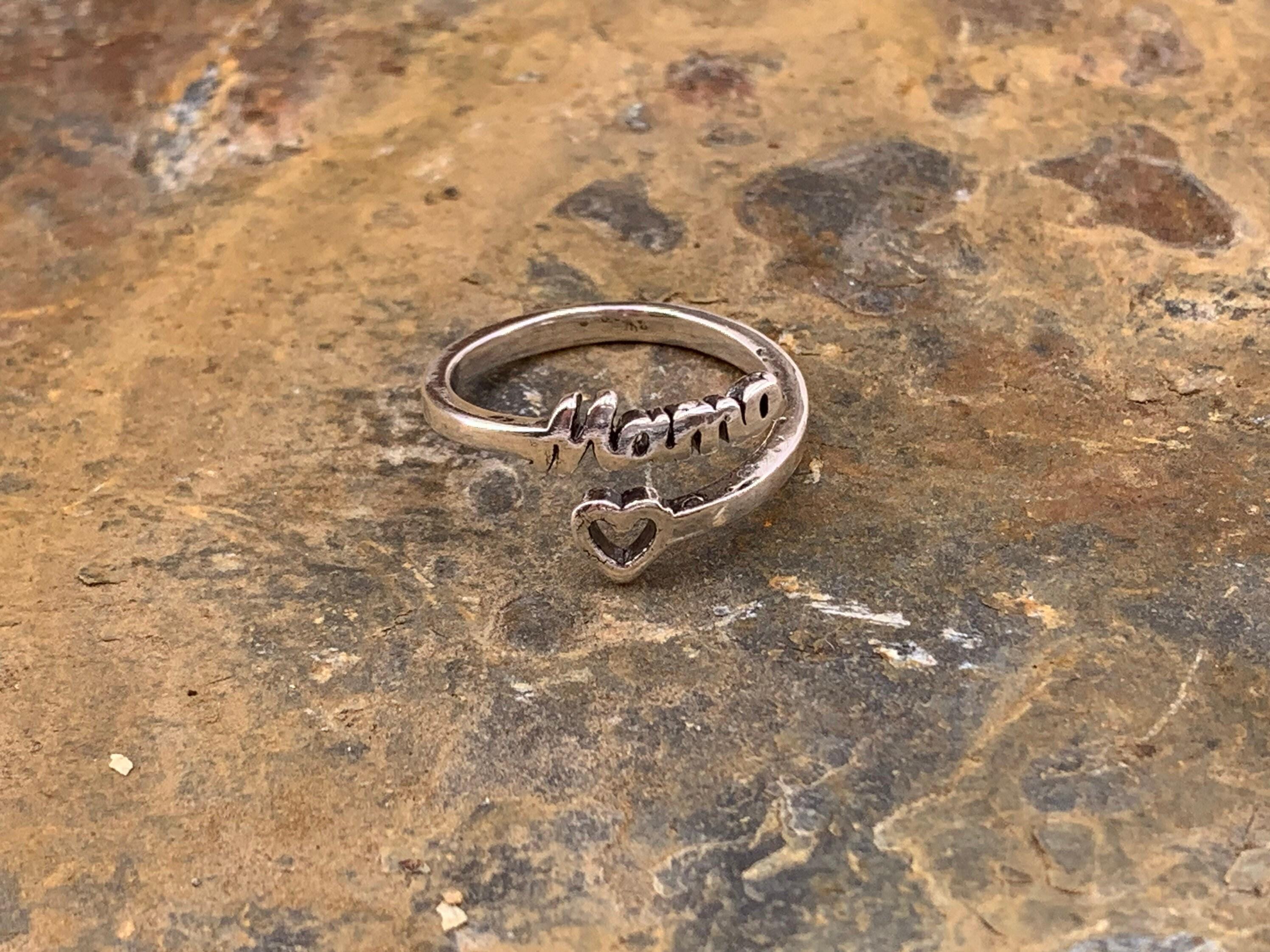 Bohemian silver plated ring with heart and mom engraved message