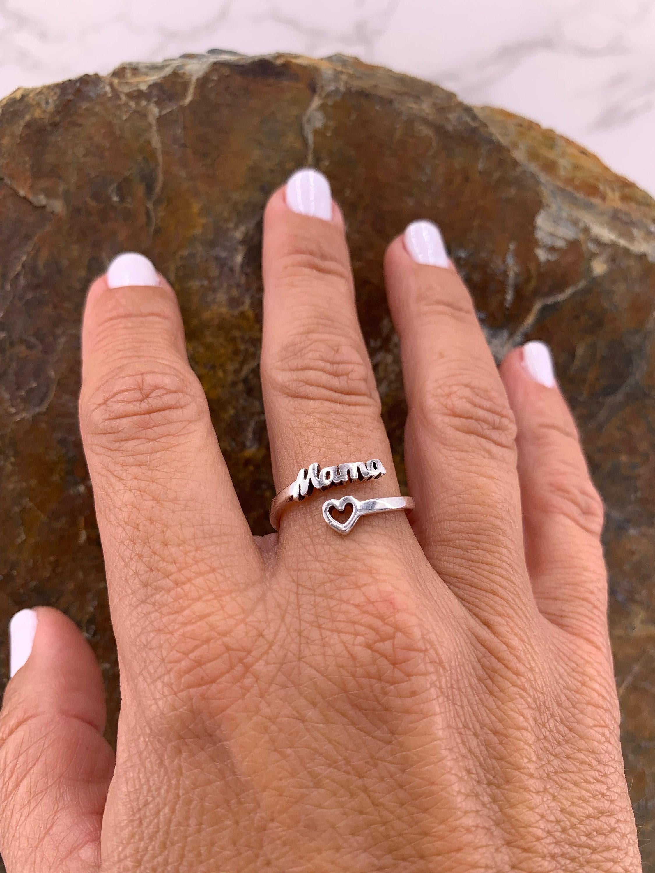 Bohemian silver plated ring with heart and mom engraved message