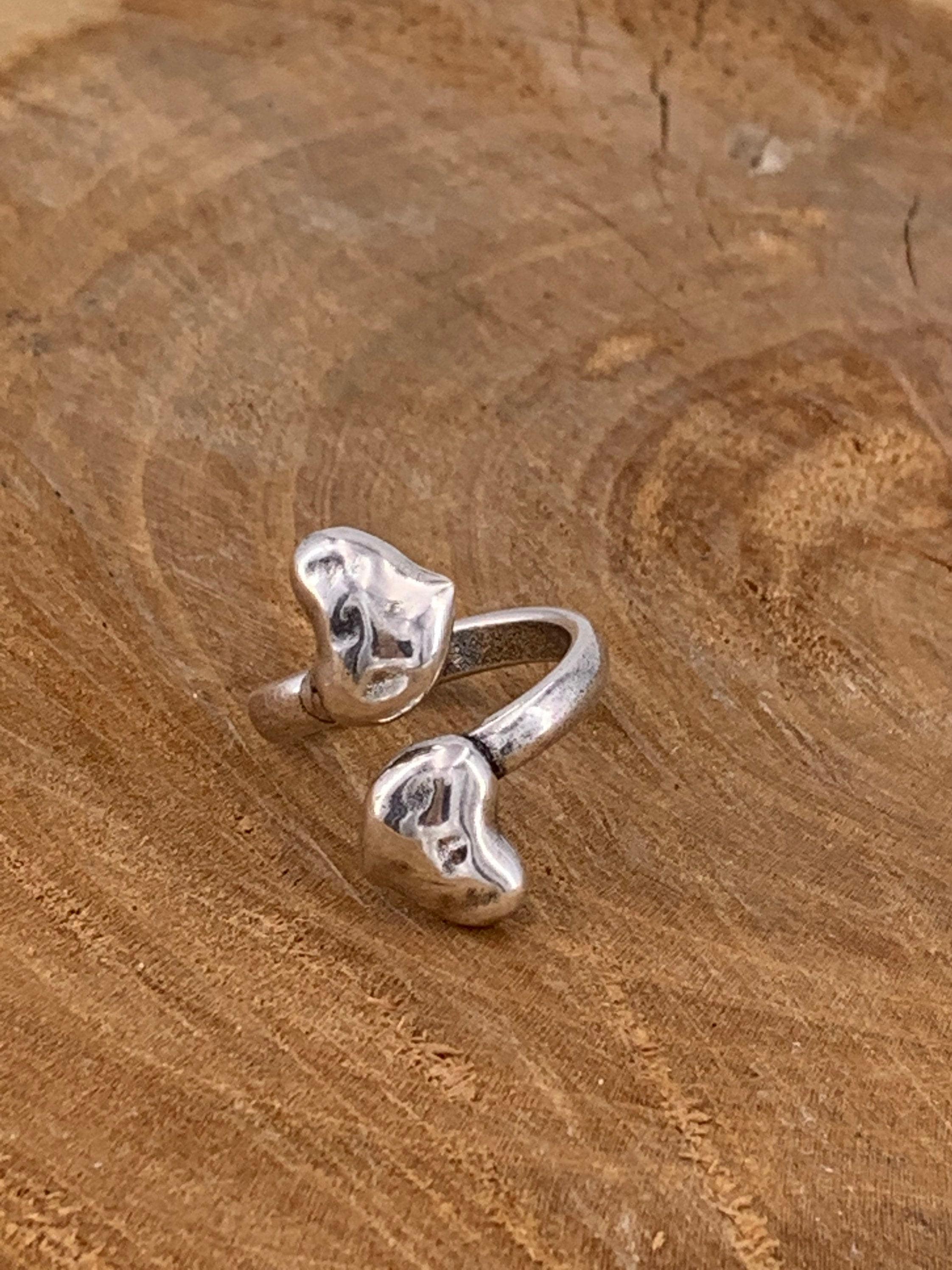 Chunky silver heart adjustable ring , boho style bold open band
