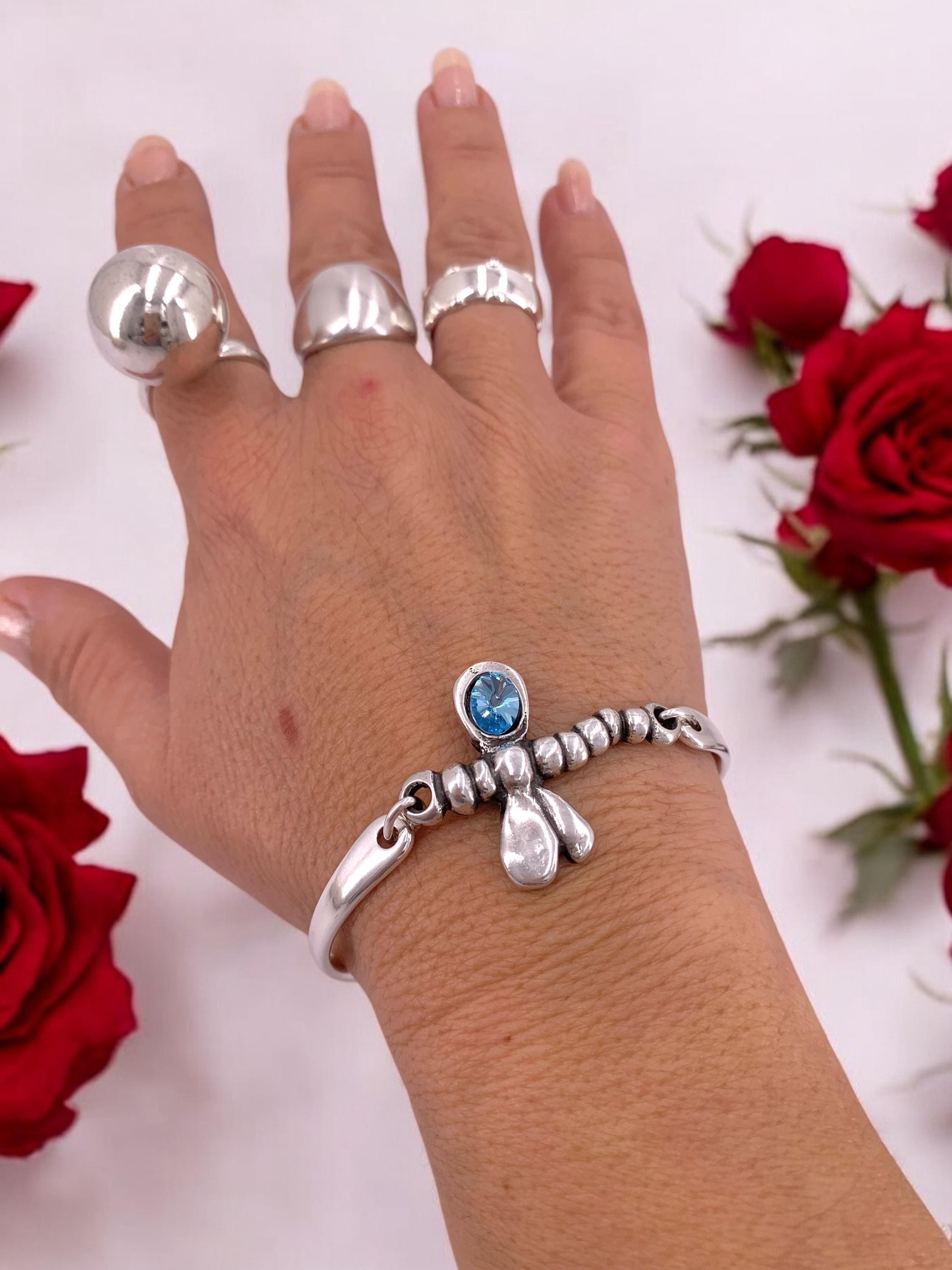 Dragonfly silver cuff bracelet with swarovski accent, adjustable bangle, handmade jewelry
