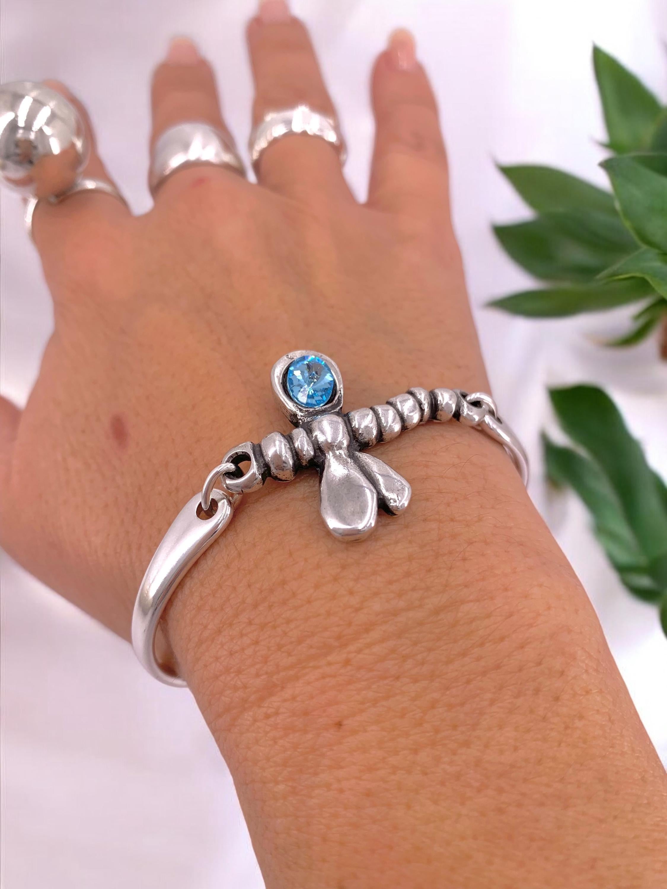 Dragonfly silver cuff bracelet with swarovski accent, adjustable bangle, handmade jewelry