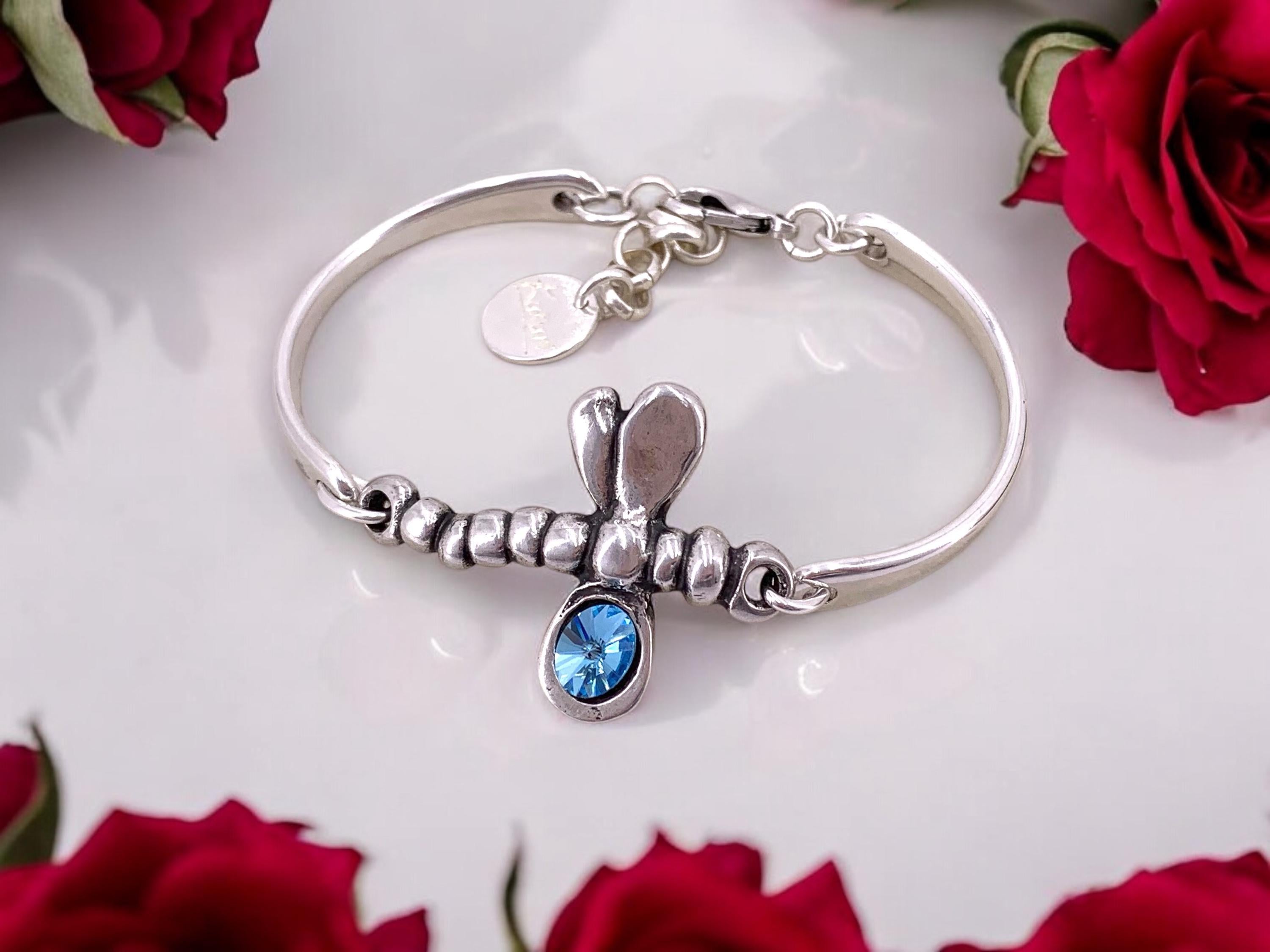 Dragonfly silver cuff bracelet with swarovski accent, adjustable bangle, handmade jewelry