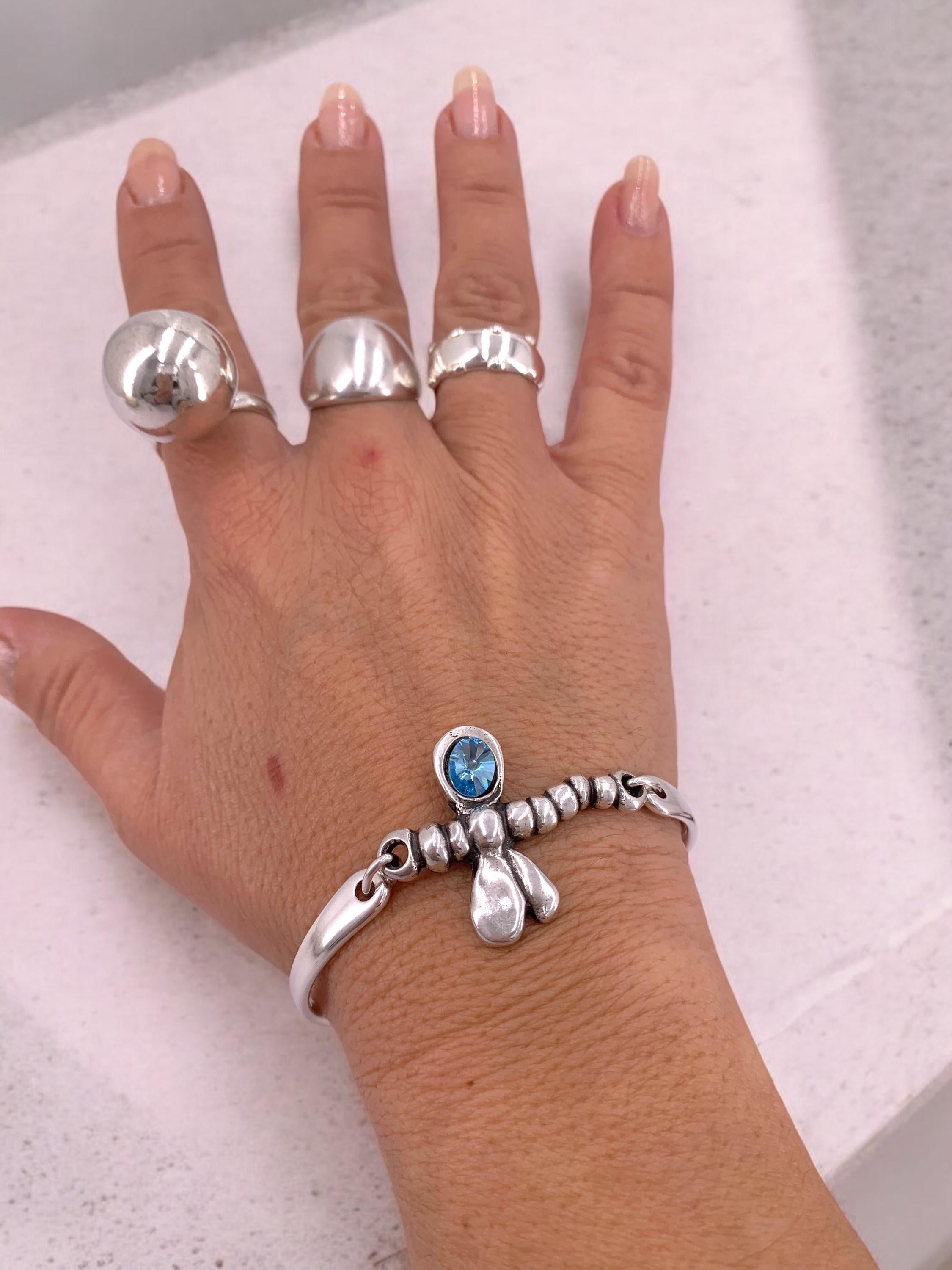 Dragonfly silver cuff bracelet with swarovski accent, adjustable bangle, handmade jewelry