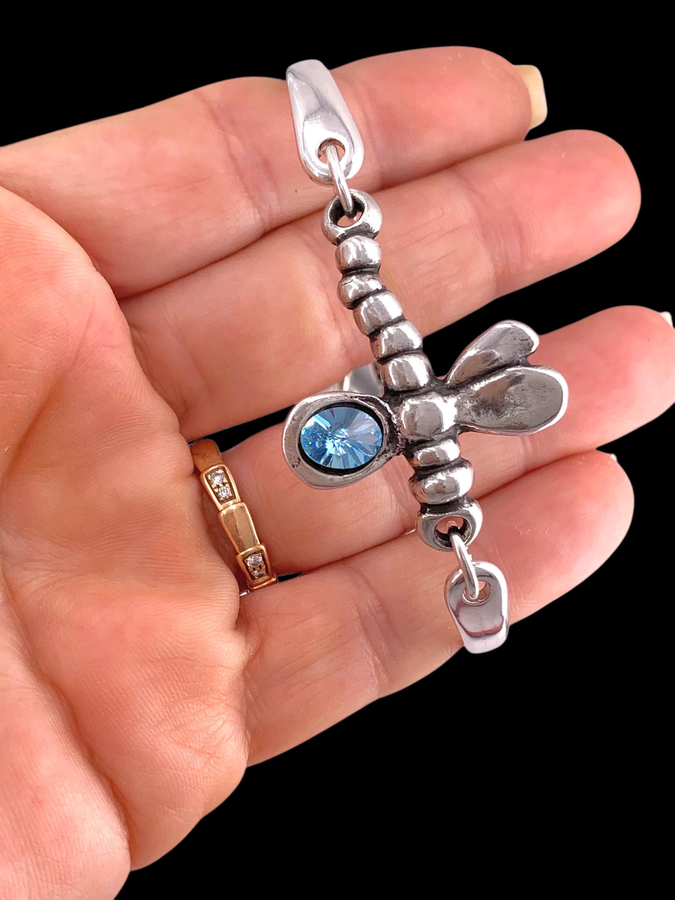Dragonfly silver cuff bracelet with swarovski accent, adjustable bangle, handmade jewelry