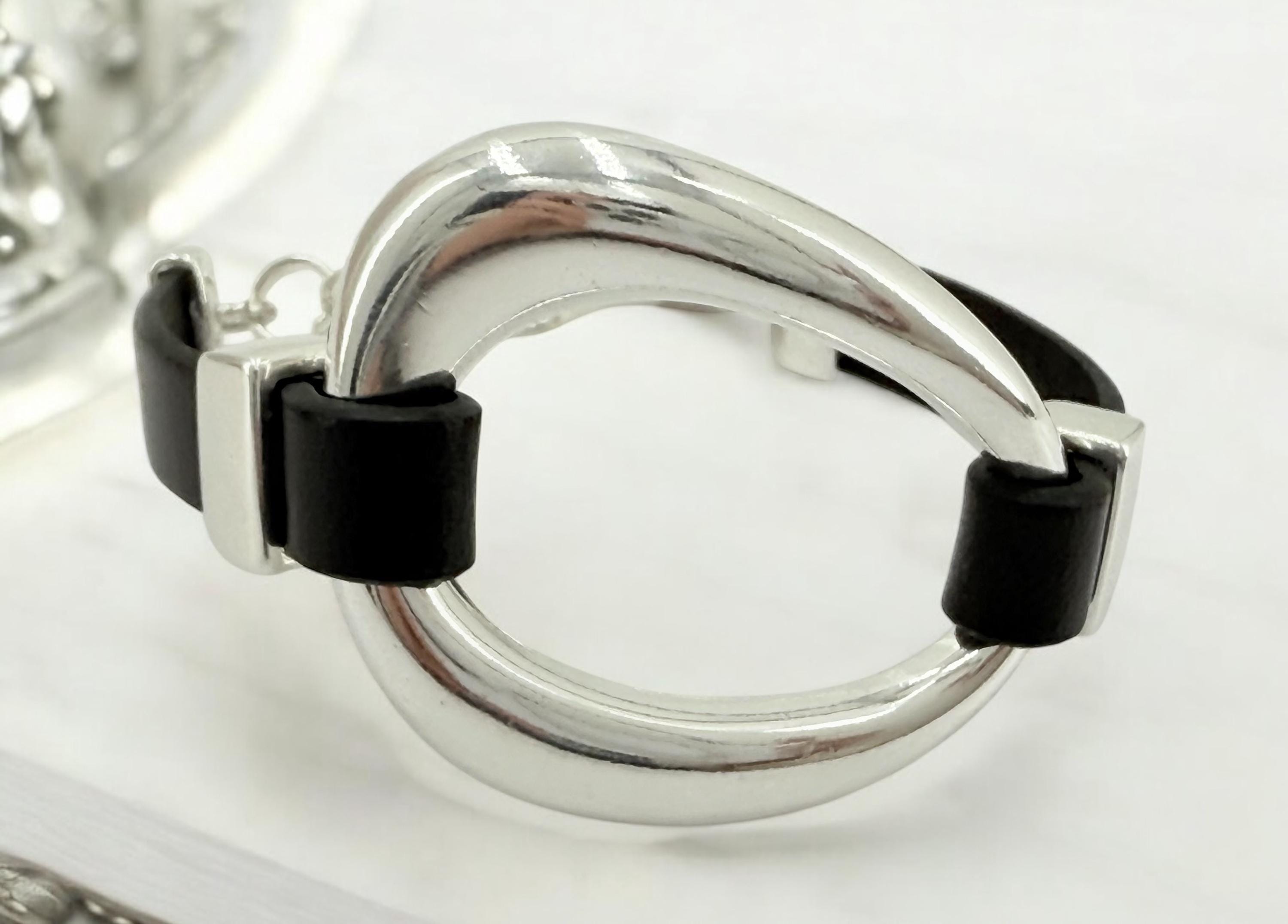 Silver chunky plated leather bracelet with sculptural oval centerpiece - adjustable silver cuff