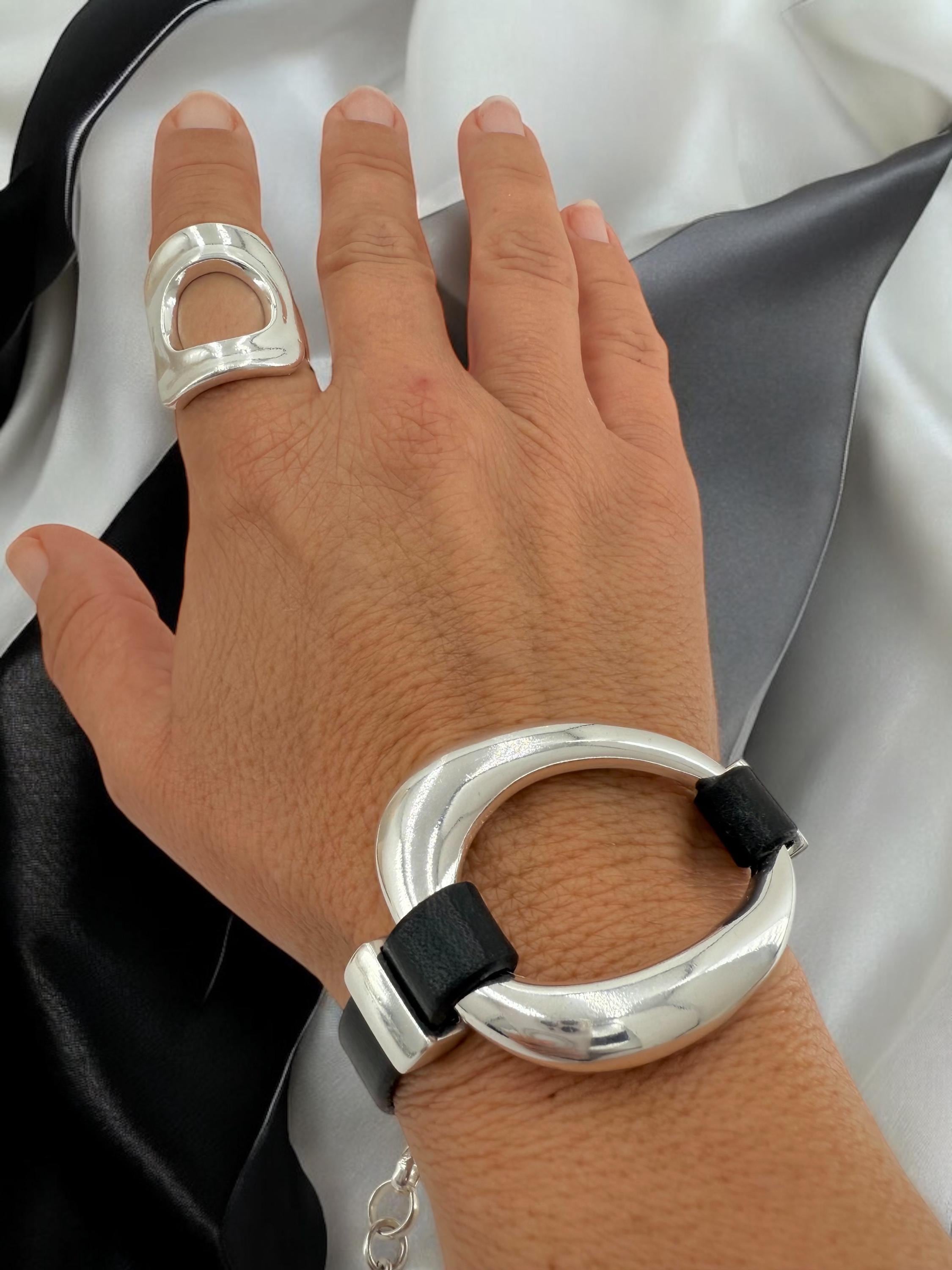 Silver chunky plated leather bracelet with sculptural oval centerpiece - adjustable silver cuff