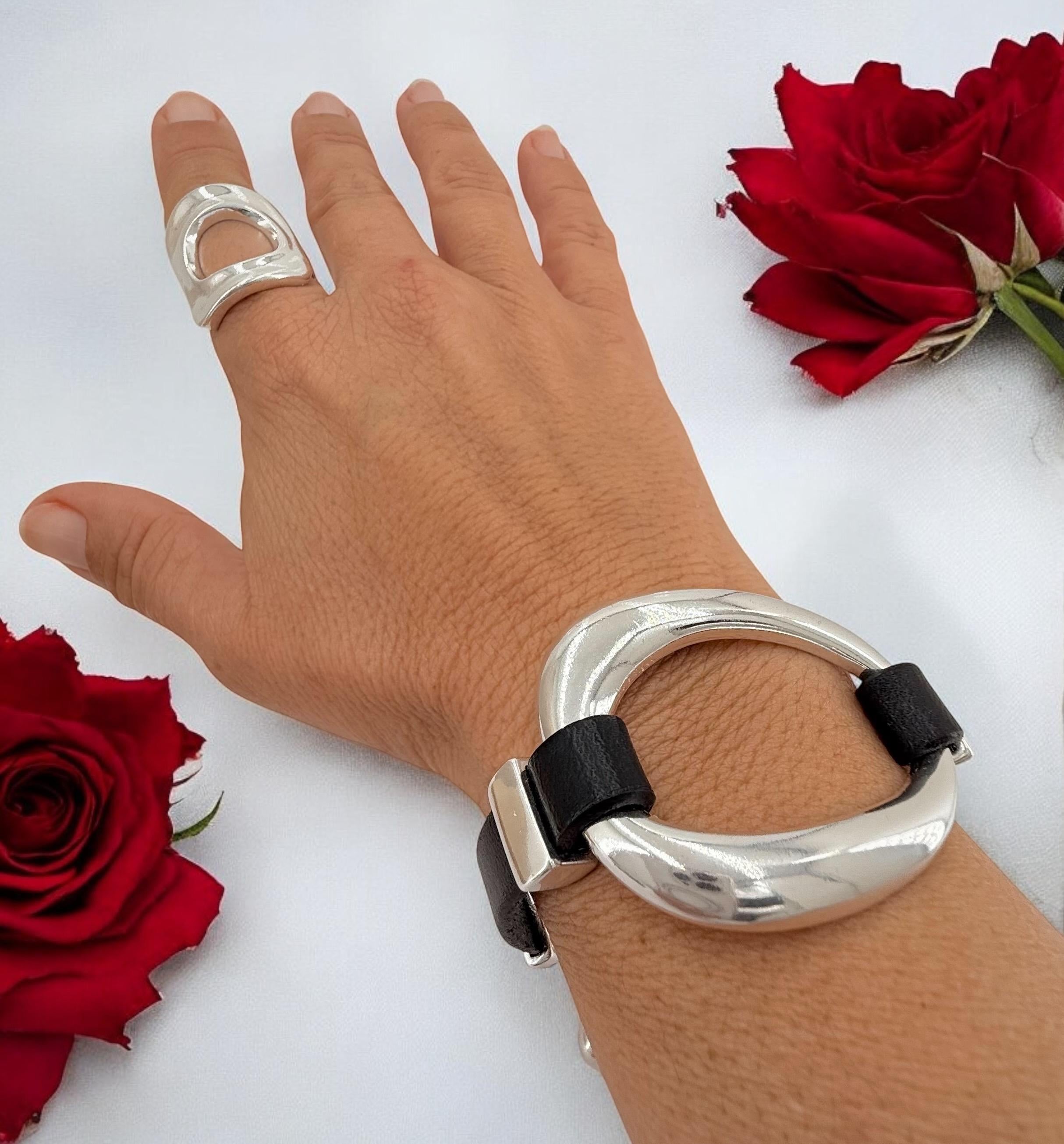 Silver chunky plated leather bracelet with sculptural oval centerpiece - adjustable silver cuff
