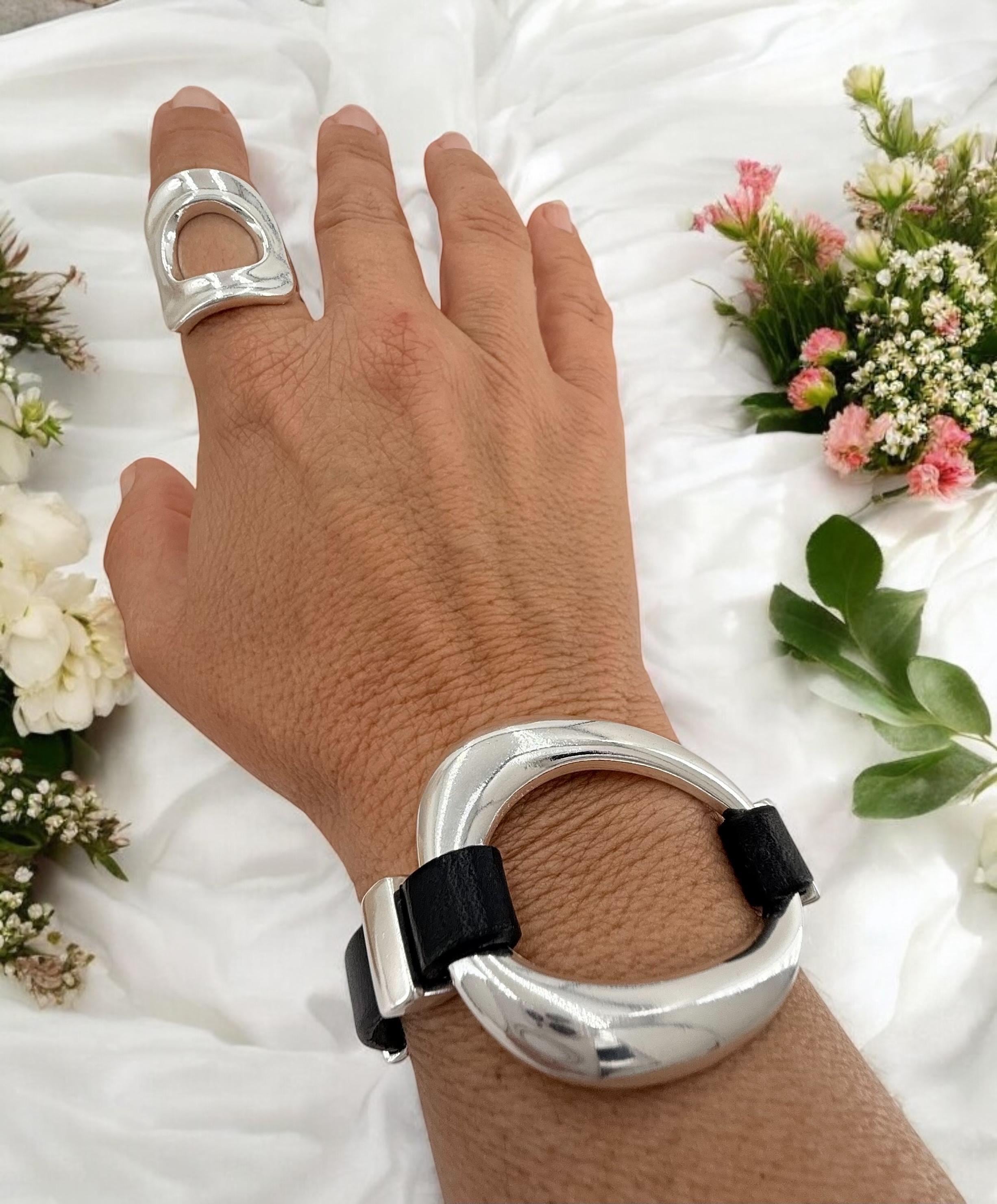 Silver chunky plated leather bracelet with sculptural oval centerpiece - adjustable silver cuff
