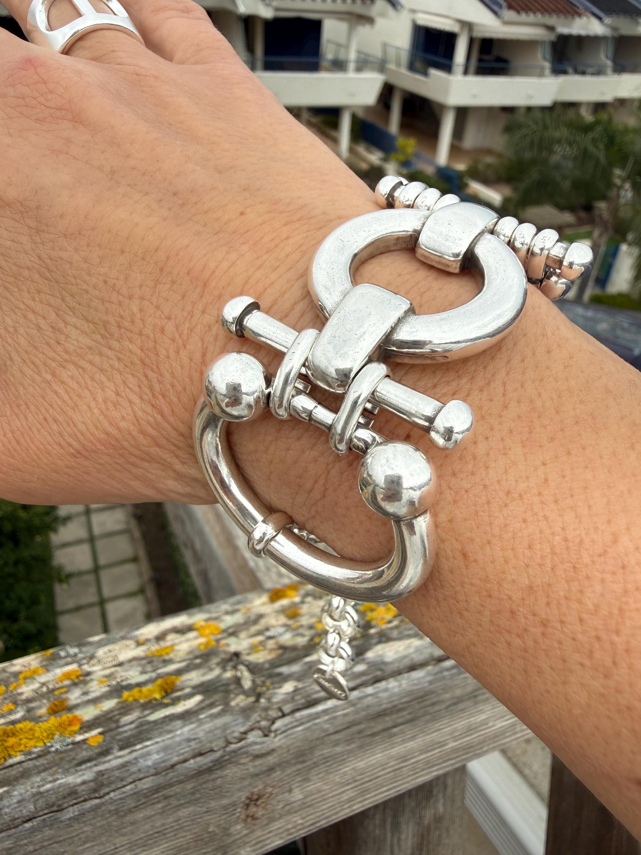 Chunky silver plated equestrian link bracelet, bold statement chain, adjustable fit for larger wrist