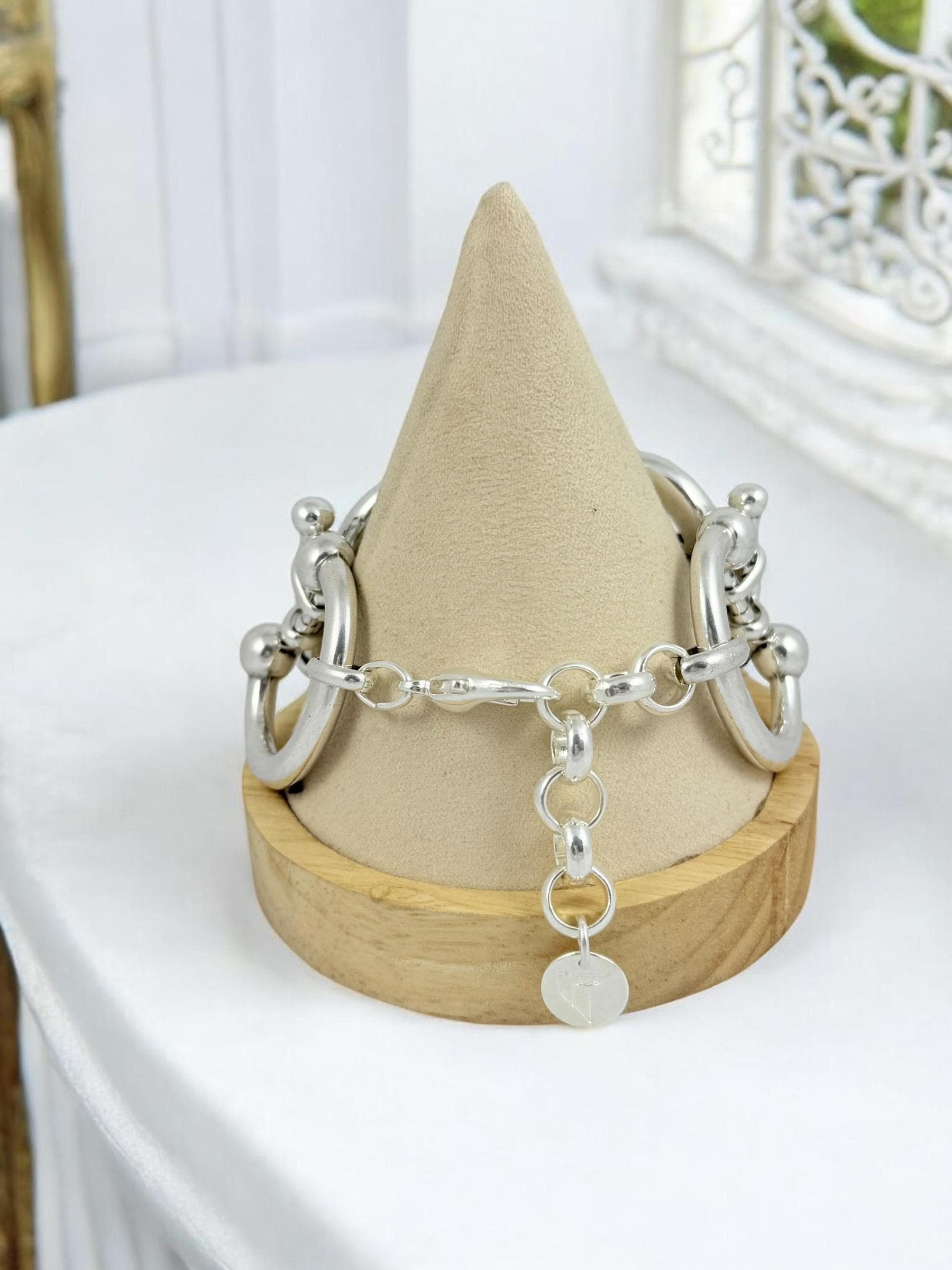 Chunky silver plated equestrian link bracelet, bold statement chain, adjustable fit for larger wrist