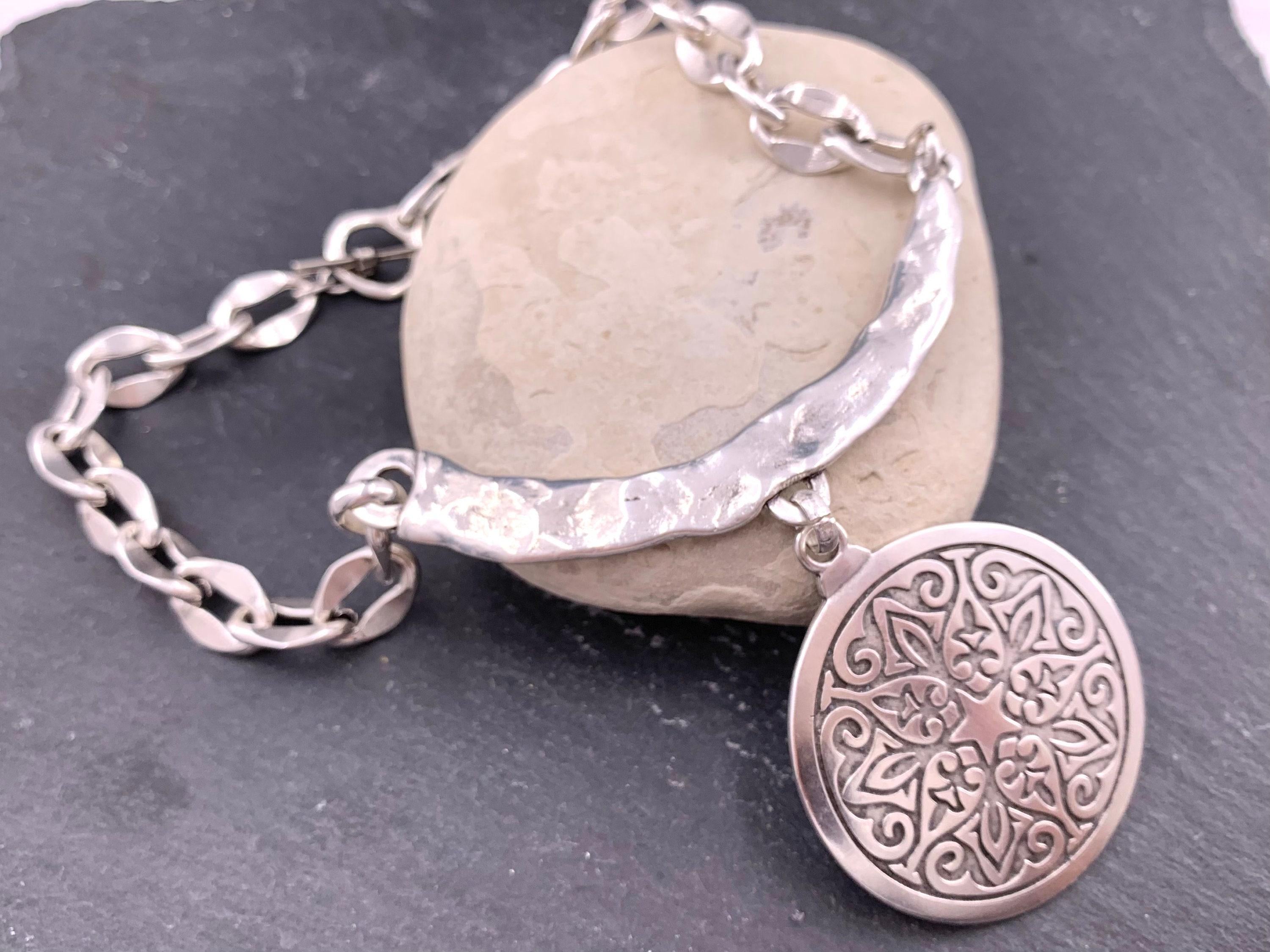 Big mandala tribal pendant silver plated chunky necklace,