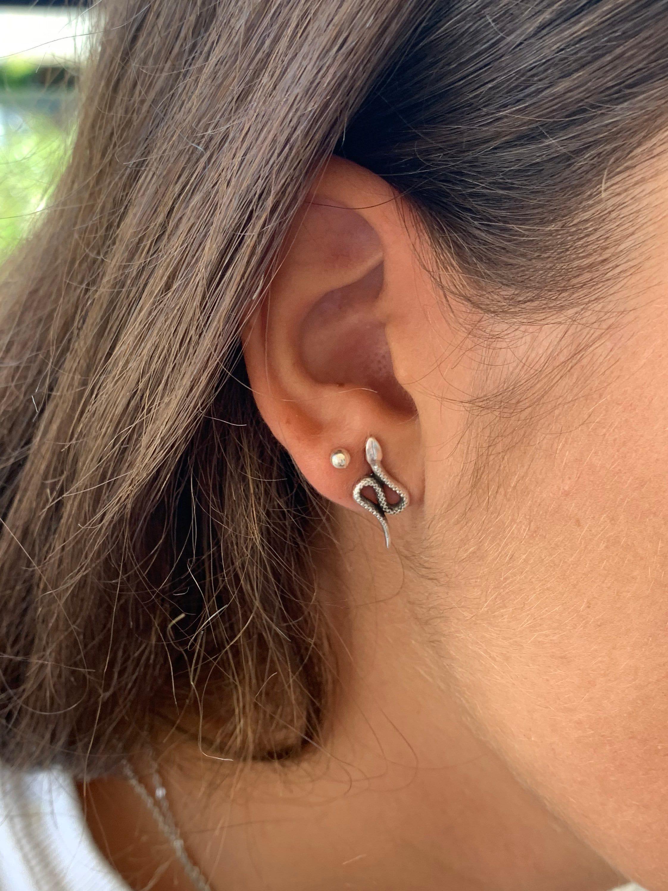 Unisex silver snake earrings – rock-inspired style – surgical steel posts – silver-plated – everyday jewelry by kukuri