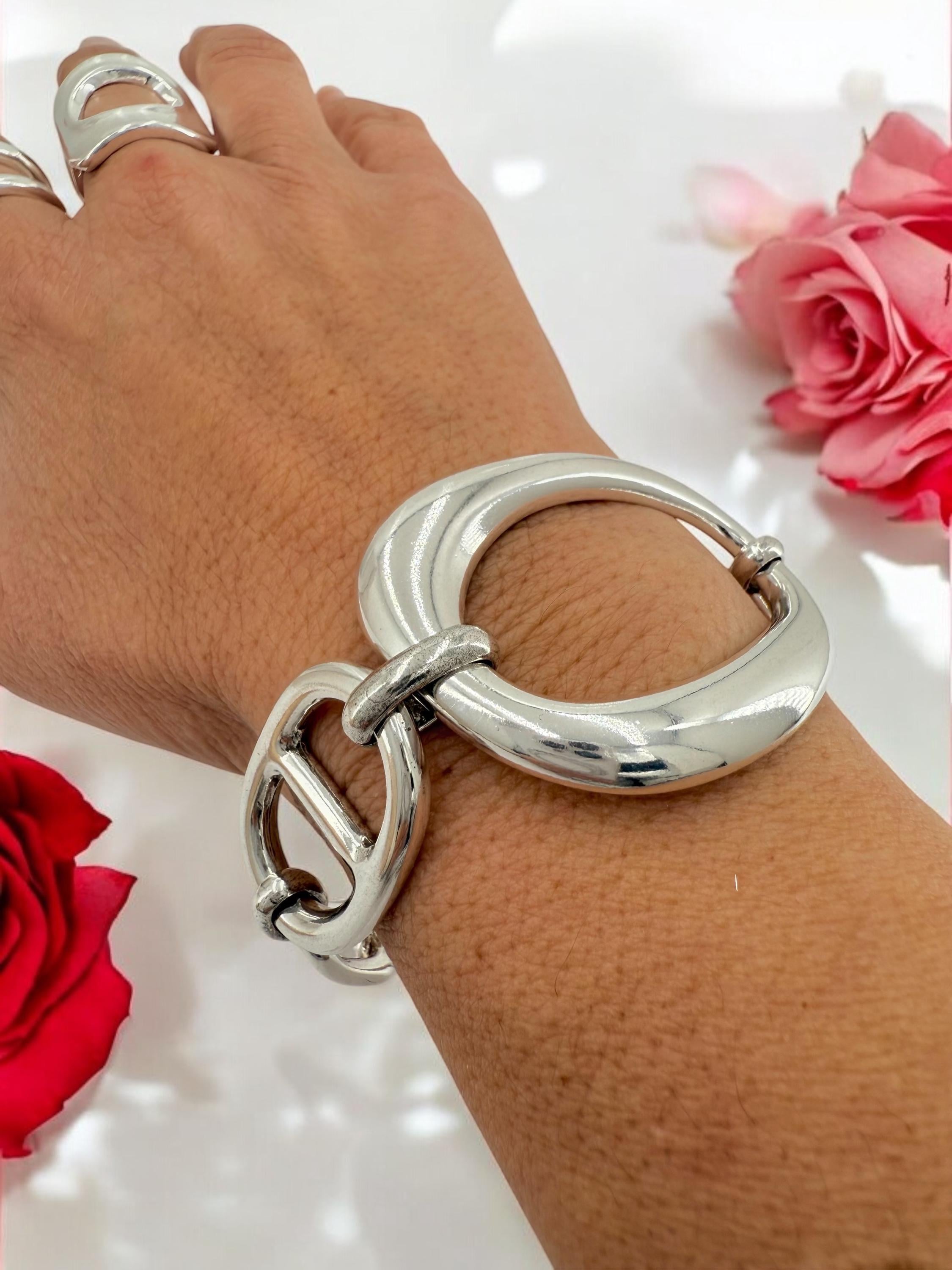 Chunky oval mariner link silver bracelet, silver plated, adjustable cuff
