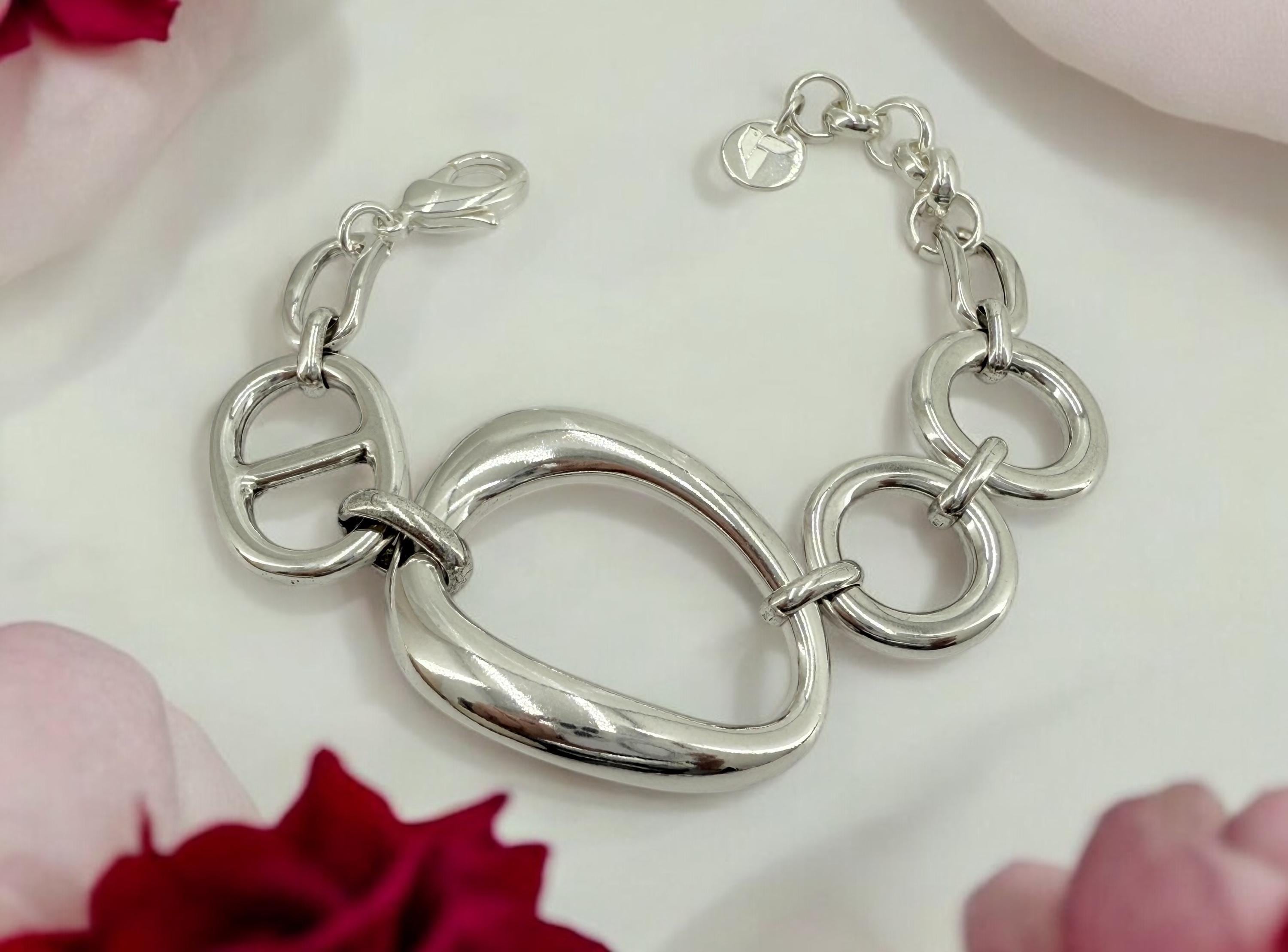 Chunky oval mariner link silver bracelet, silver plated, adjustable cuff