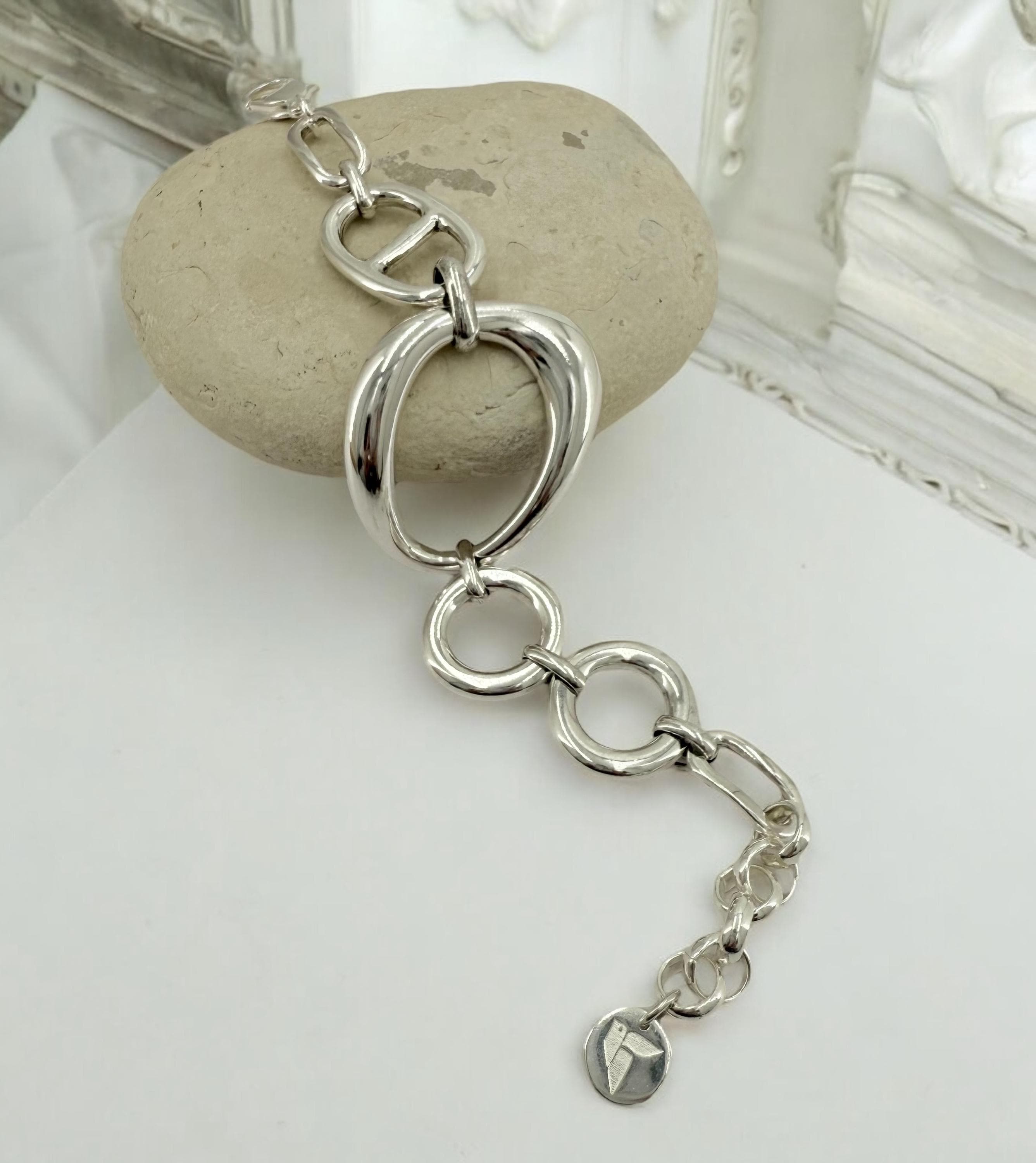 Chunky oval mariner link silver bracelet, silver plated, adjustable cuff