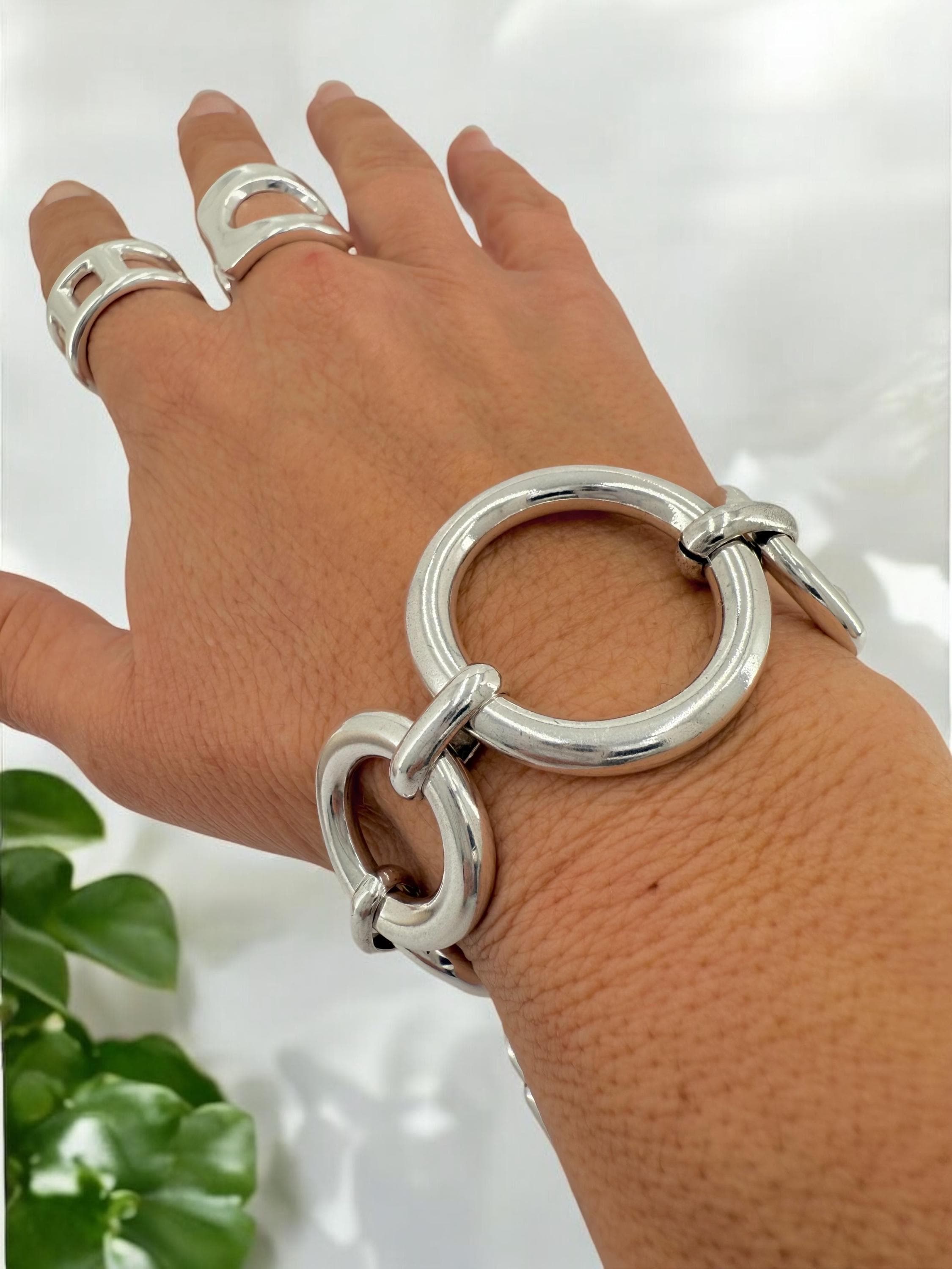 Artisian chunky links bracelet, oversize silver plated chain cuff, industrial jewelry