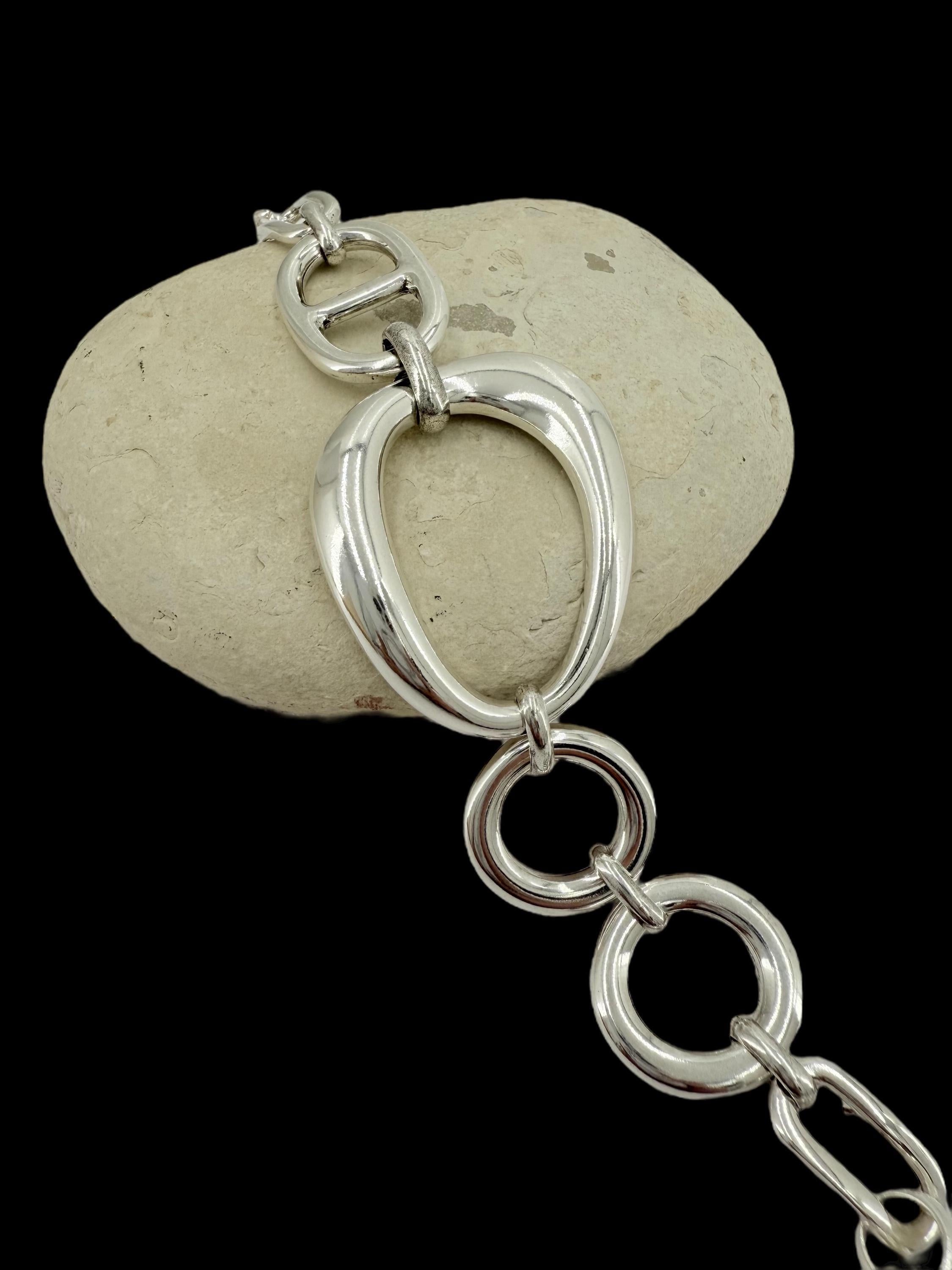 Chunky oval mariner link silver bracelet, silver plated, adjustable cuff