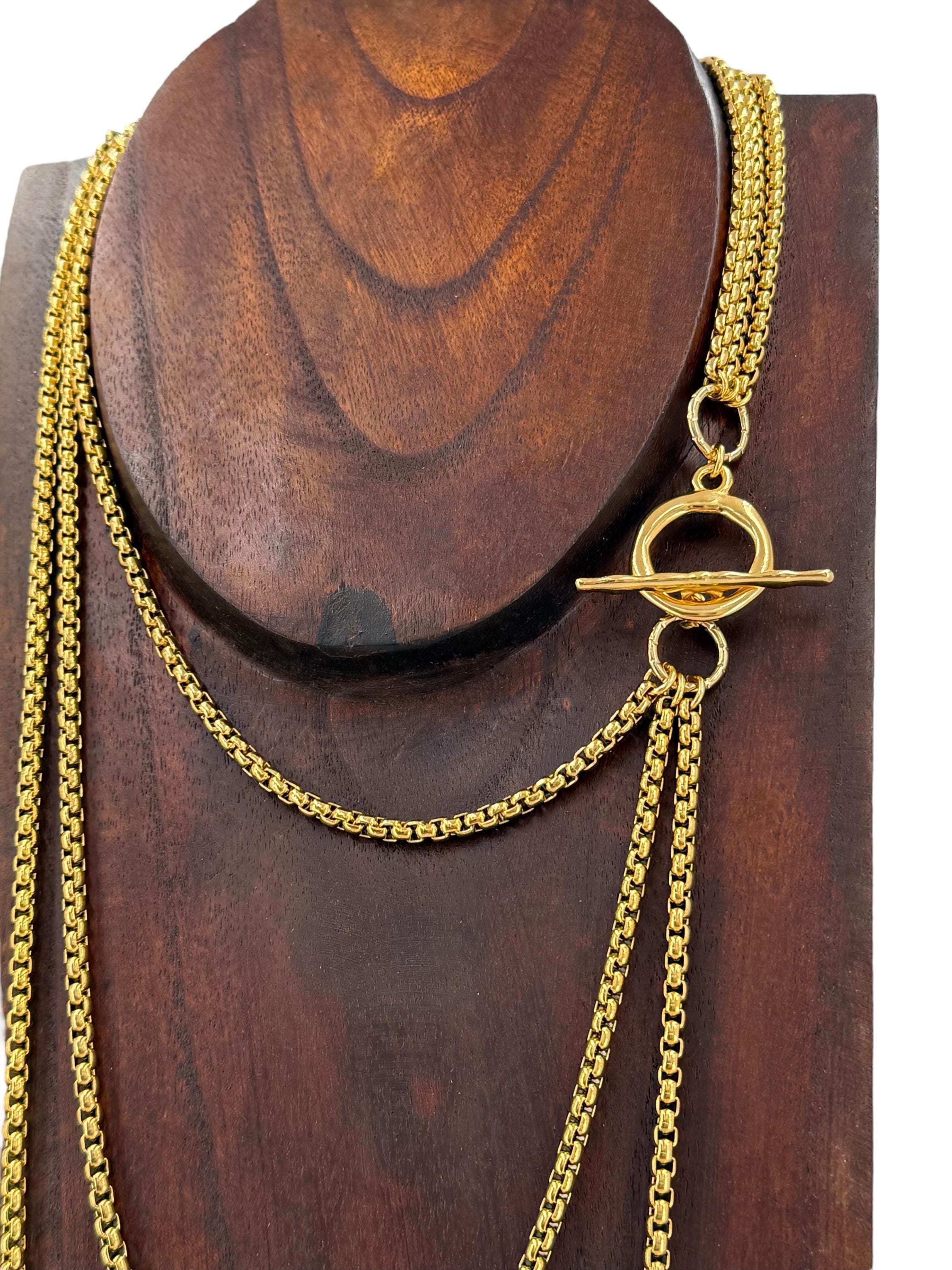 Chunky multi-strand gold chain necklace – layered statement jewelry with toggle clasp – handmade wrap long layering style choker - gift