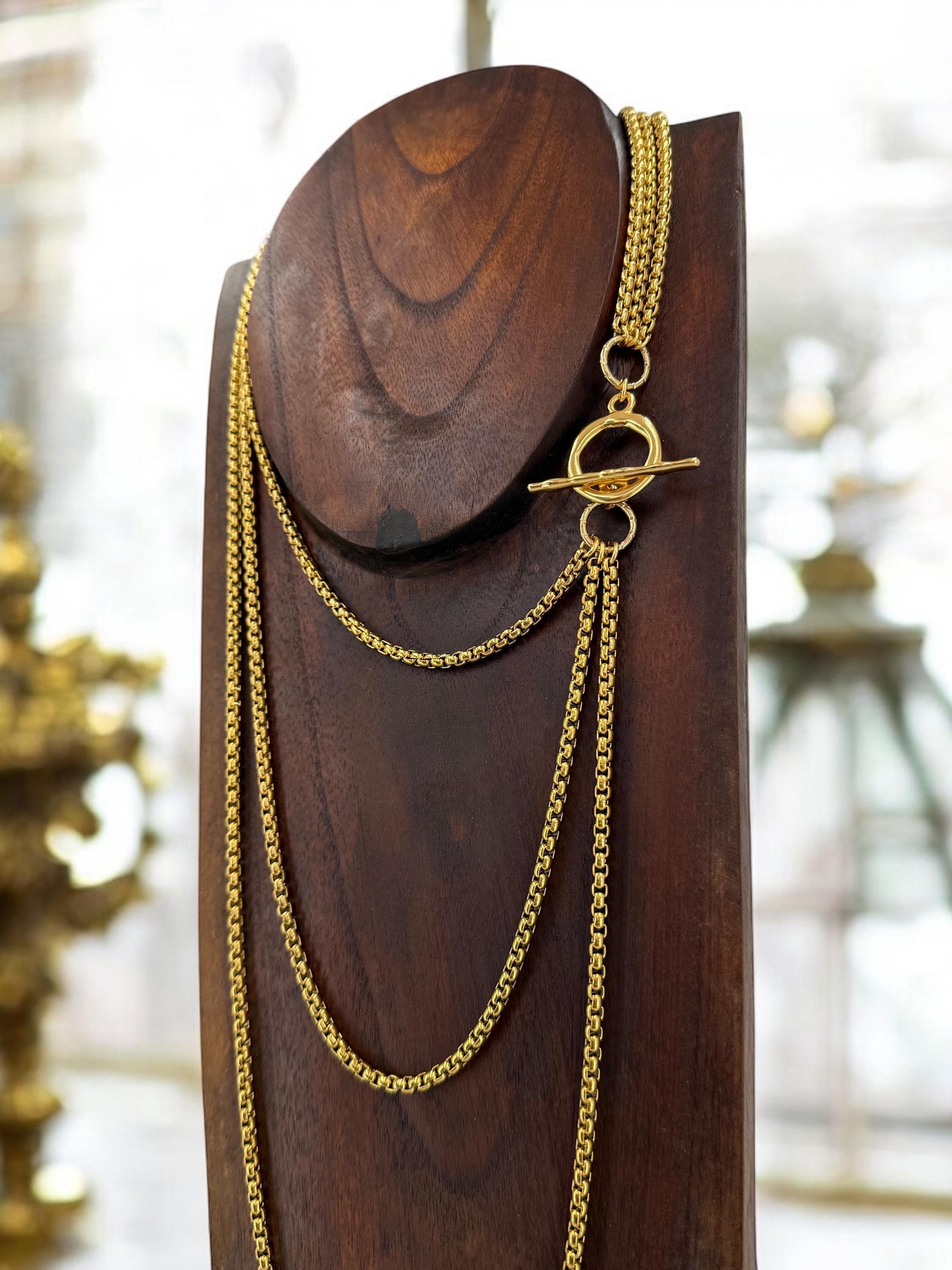 Chunky multi-strand gold chain necklace – layered statement jewelry with toggle clasp – handmade wrap long layering style choker - gift