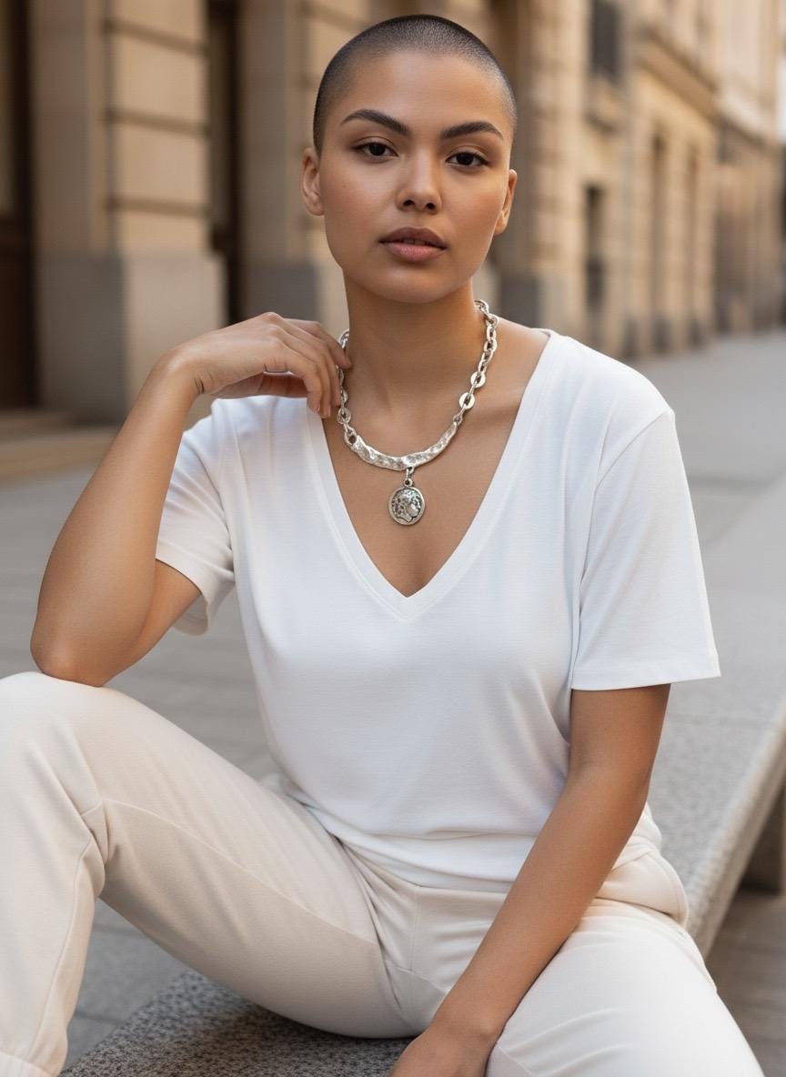 Silver coin pendant necklace, textured bar chain, ancient greek style jewelry