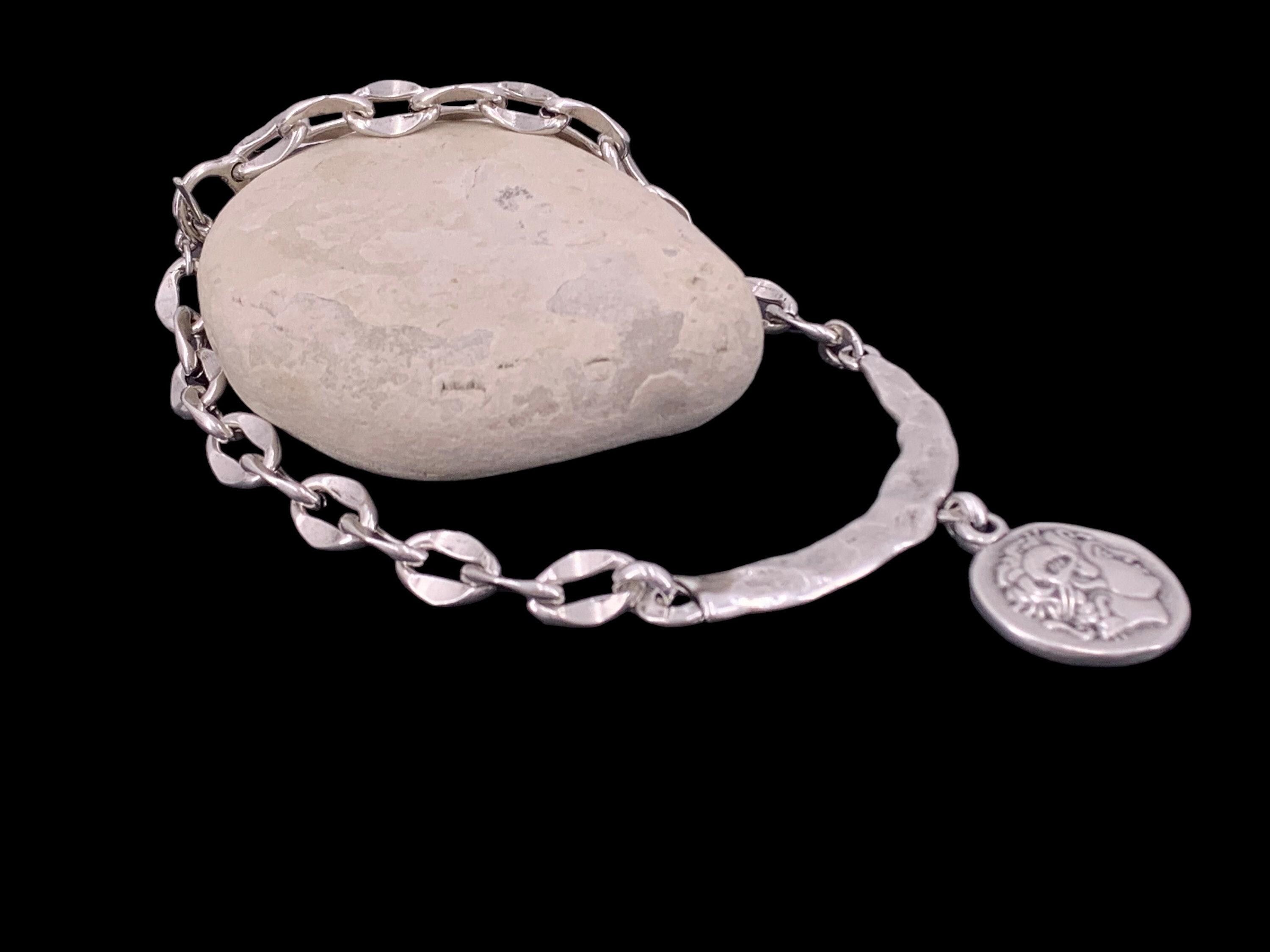 Silver coin pendant necklace, textured bar chain, ancient greek style jewelry