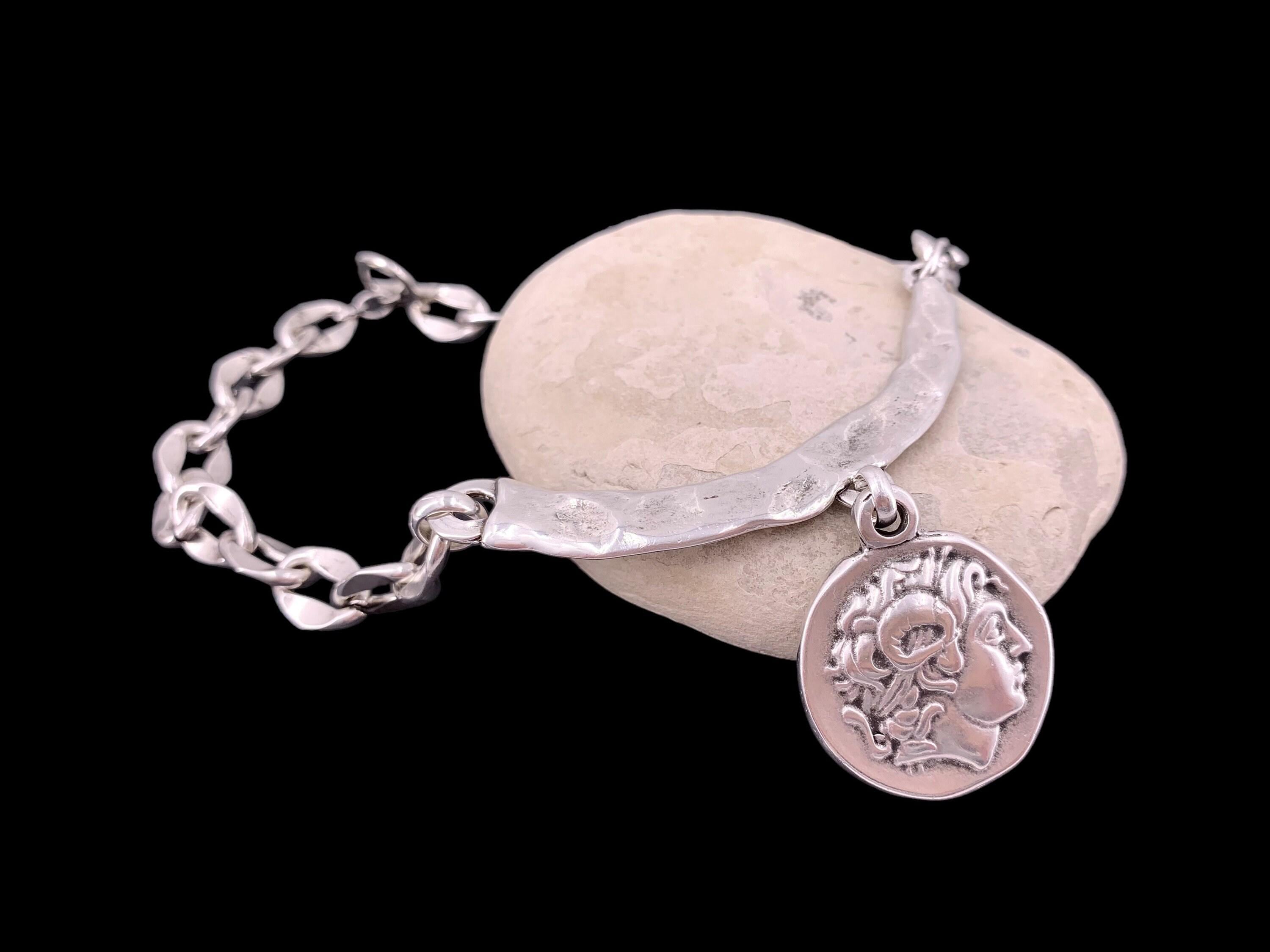 Silver coin pendant necklace, textured bar chain, ancient greek style jewelry