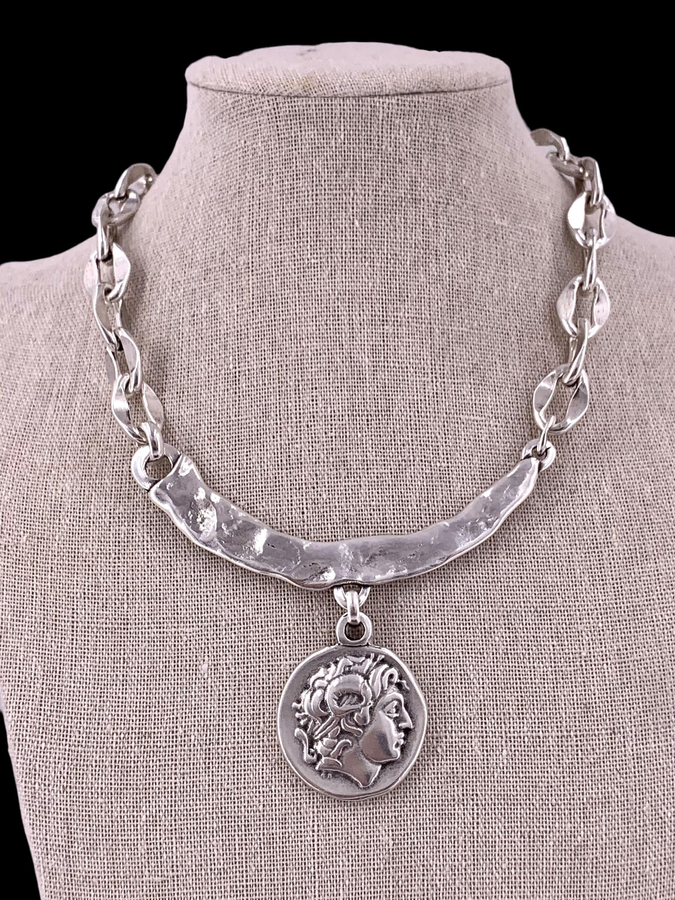 Silver coin pendant necklace, textured bar chain, ancient greek style jewelry