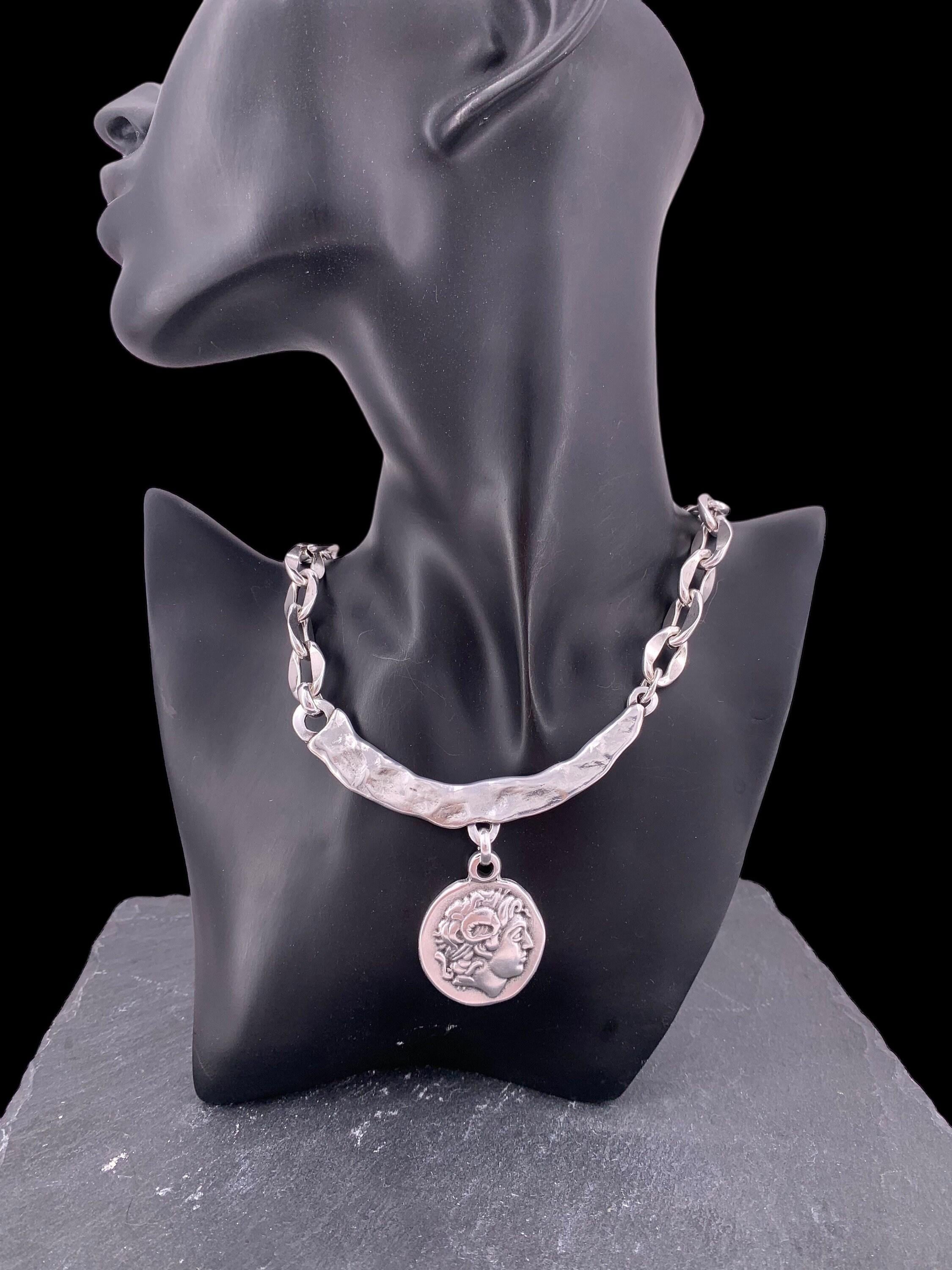 Silver coin pendant necklace, textured bar chain, ancient greek style jewelry