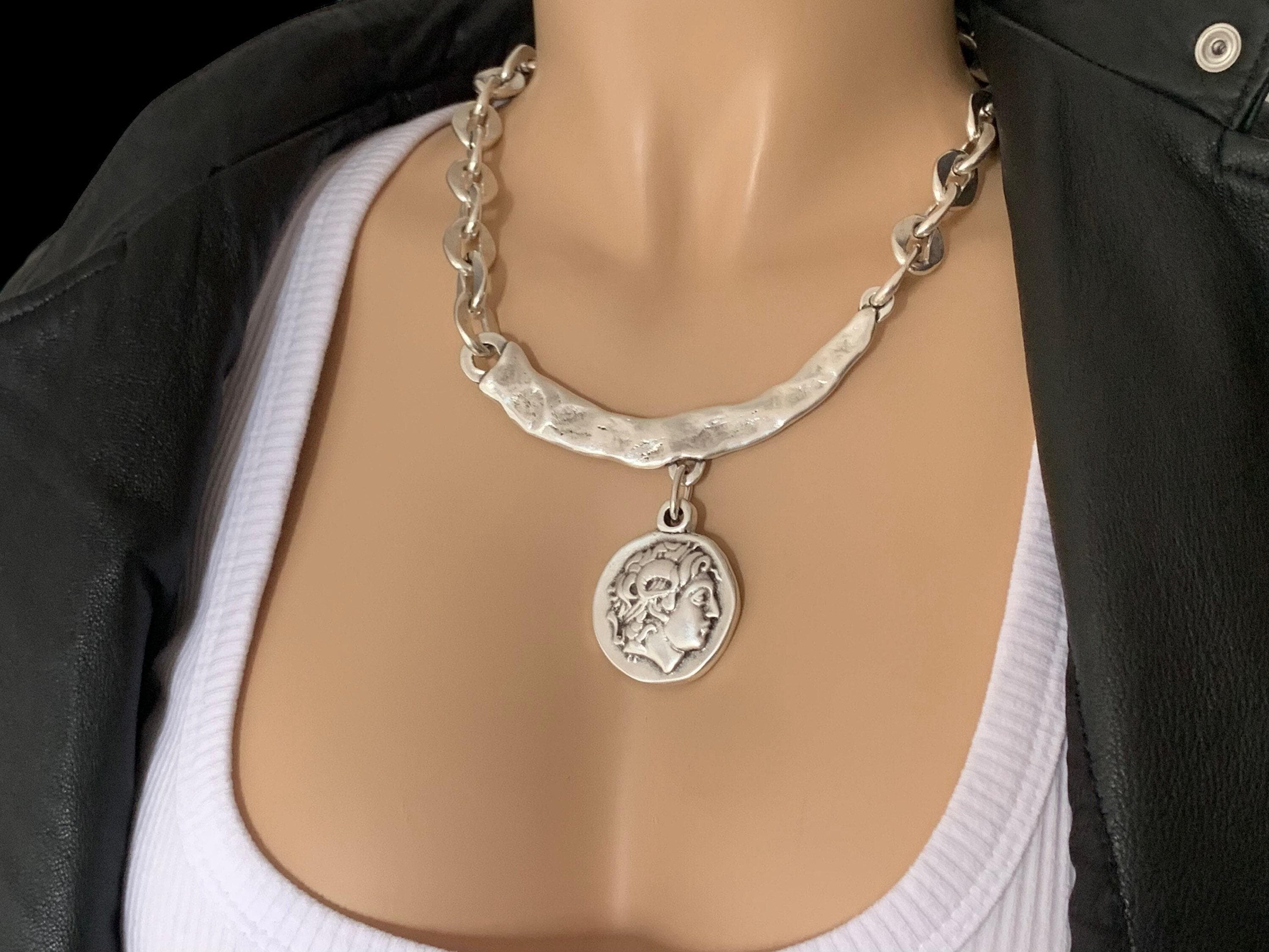 Silver coin pendant necklace, textured bar chain, ancient greek style jewelry