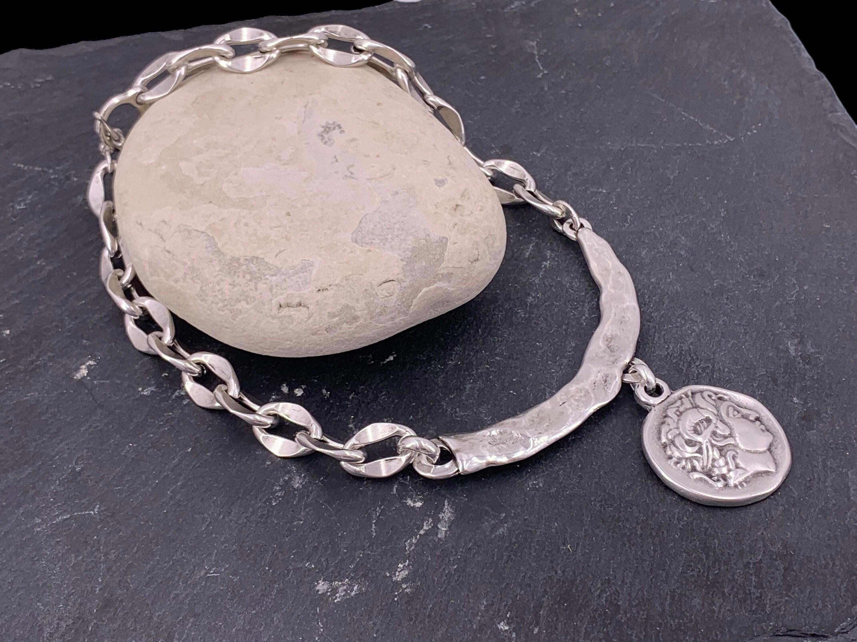 Silver coin pendant necklace, textured bar chain, ancient greek style jewelry