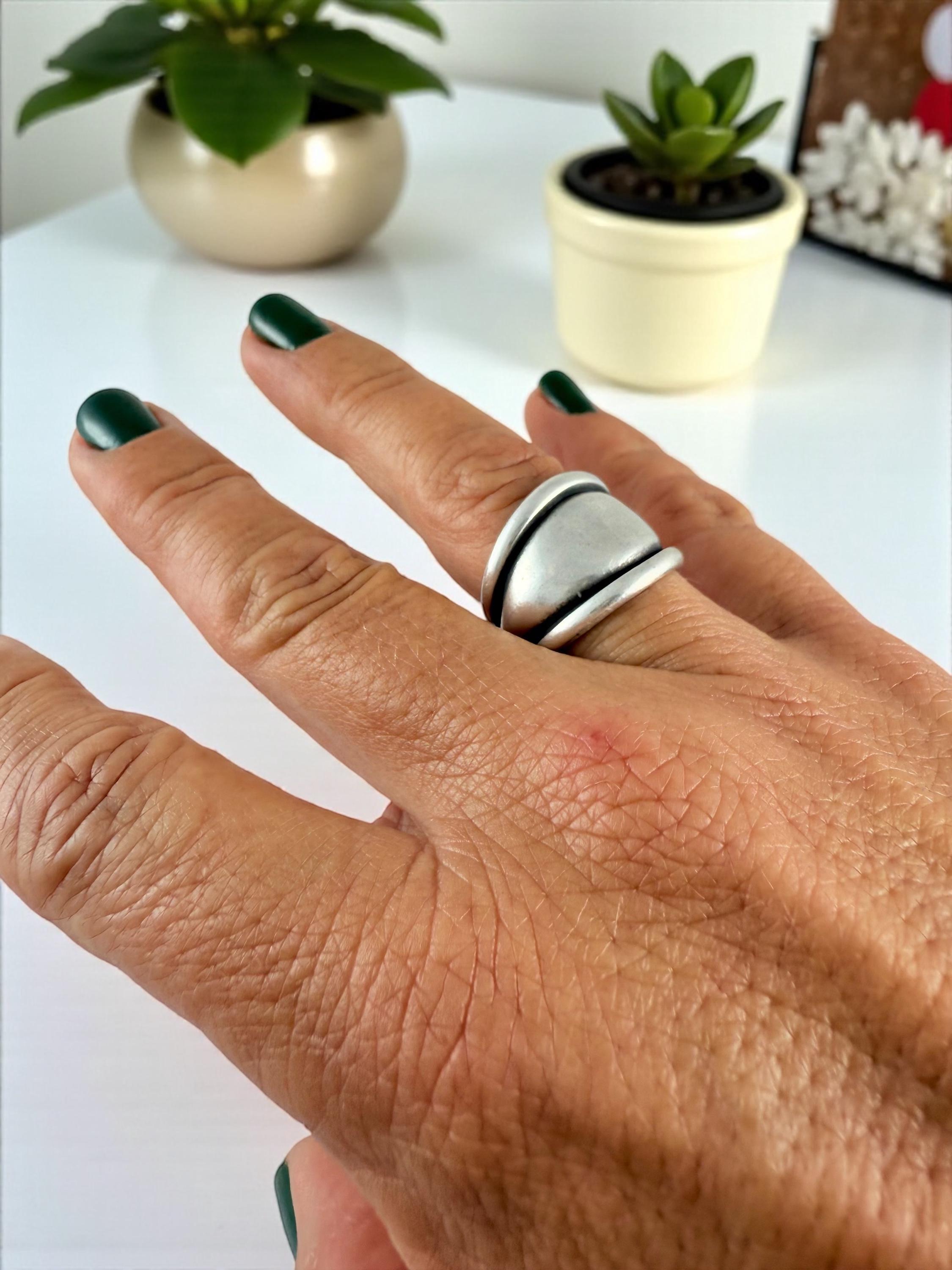 Chunky rock-style silver dome ring, bold jewelry