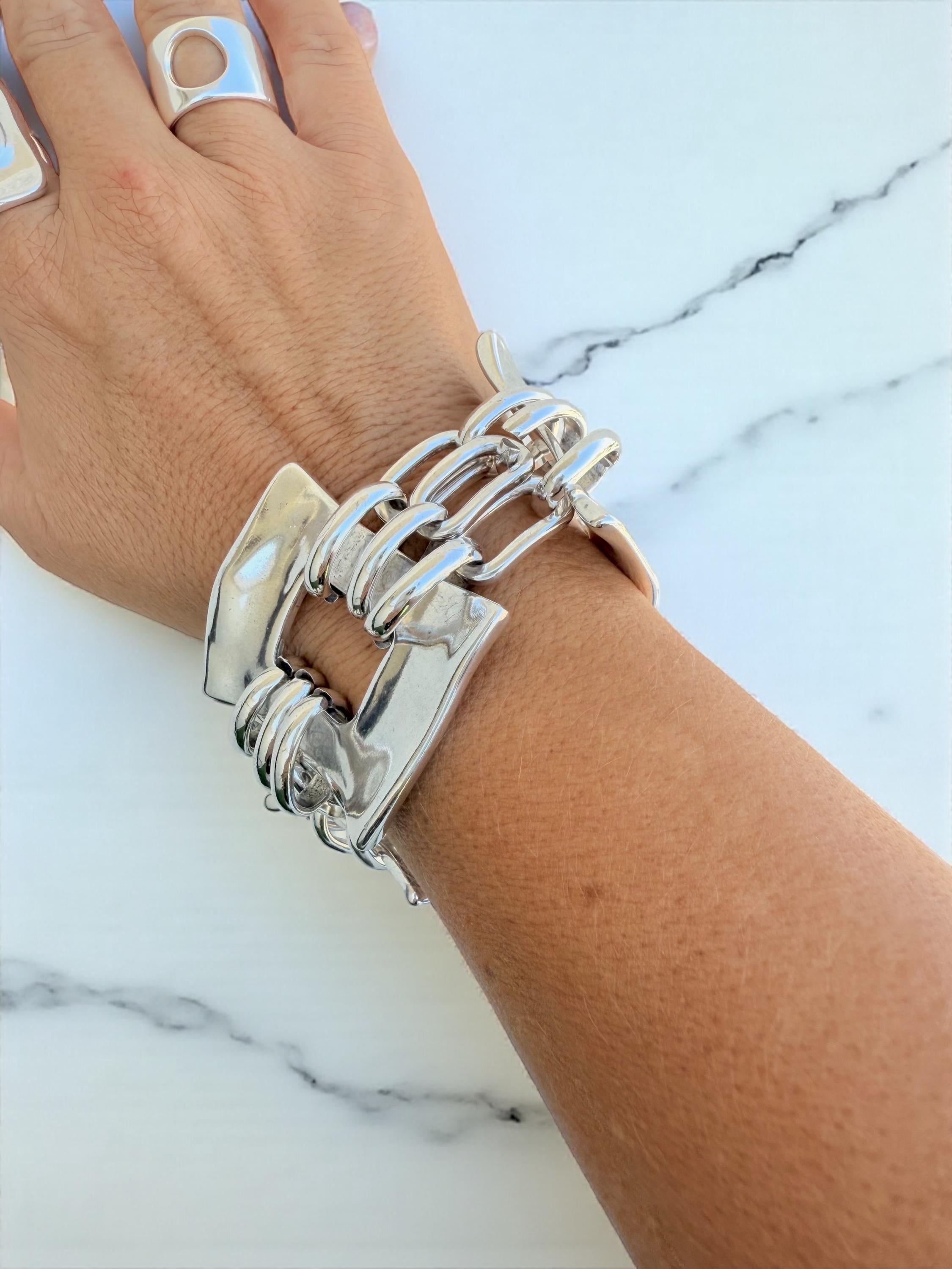 Chunky geometric silver bracelet – bold statement cuff – adjustable, plus‑size friendly