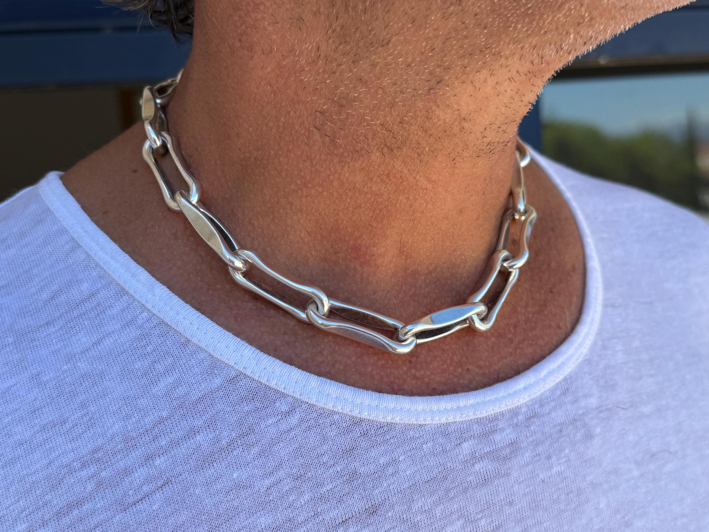 Men chunky chain  silver-plated necklace, lightweight statement jewelry – handmade  jewelry