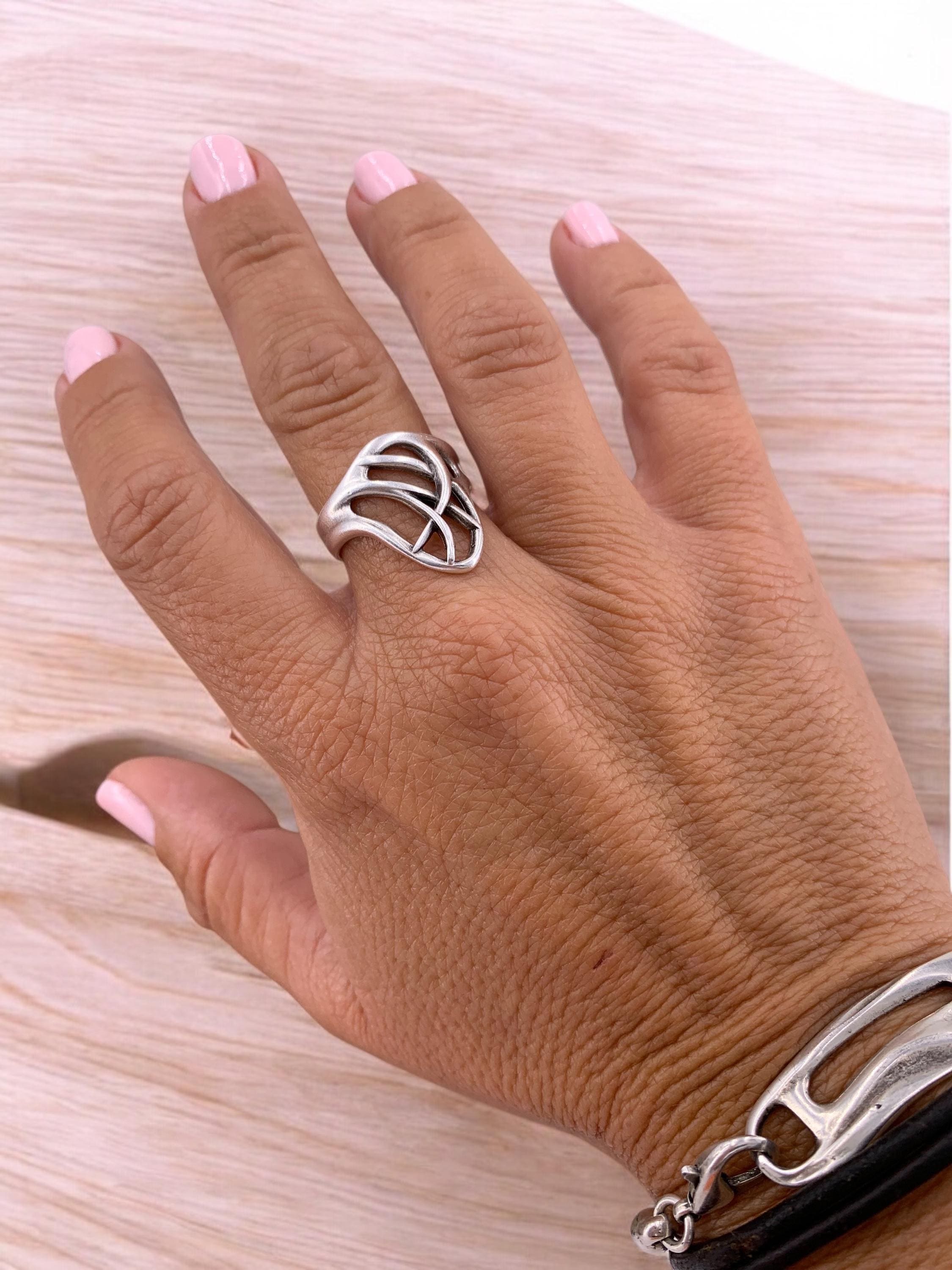 Silver carved wide ring, adjustable bohemian jewelry