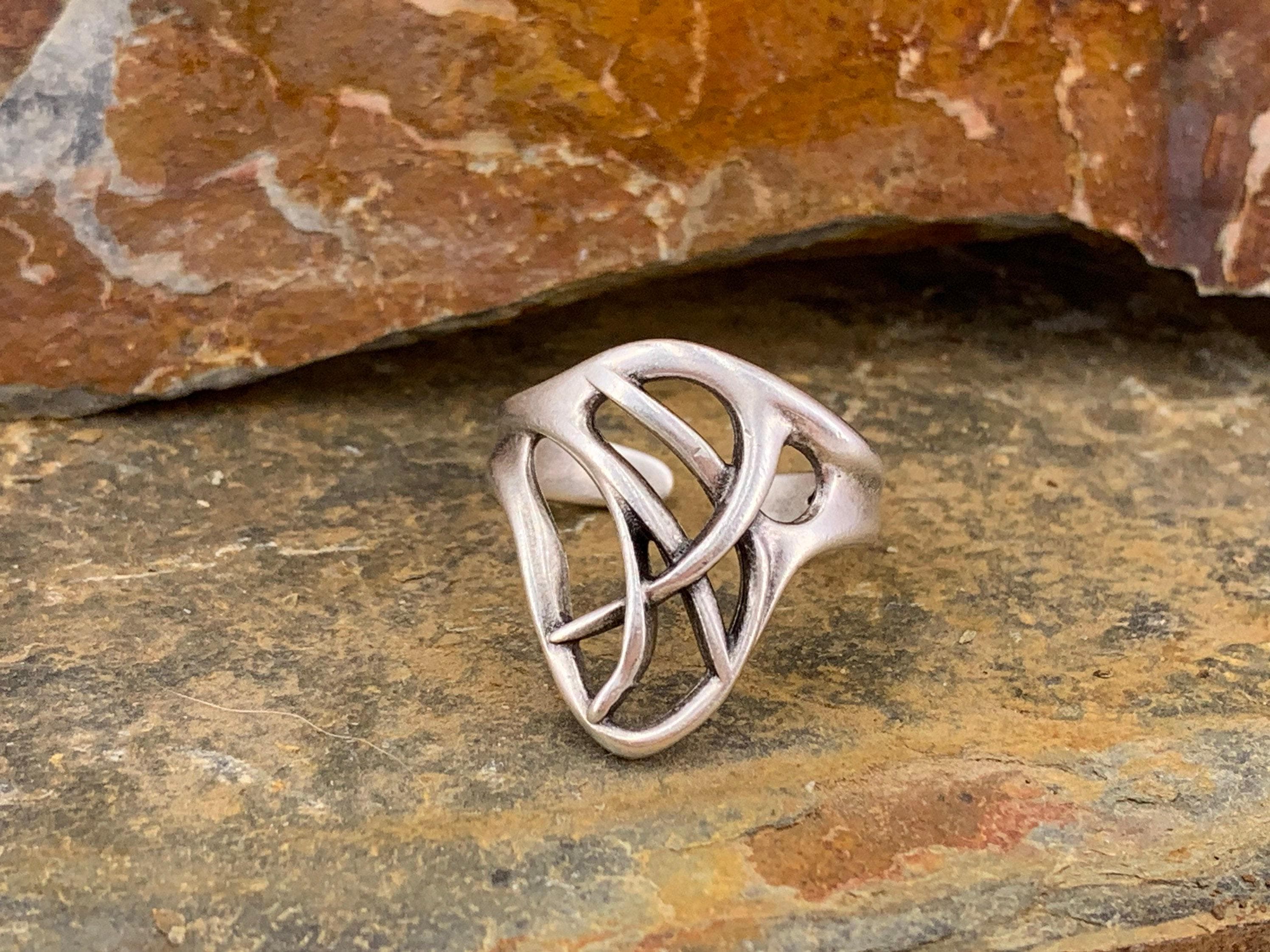 Silver carved wide ring, adjustable bohemian jewelry