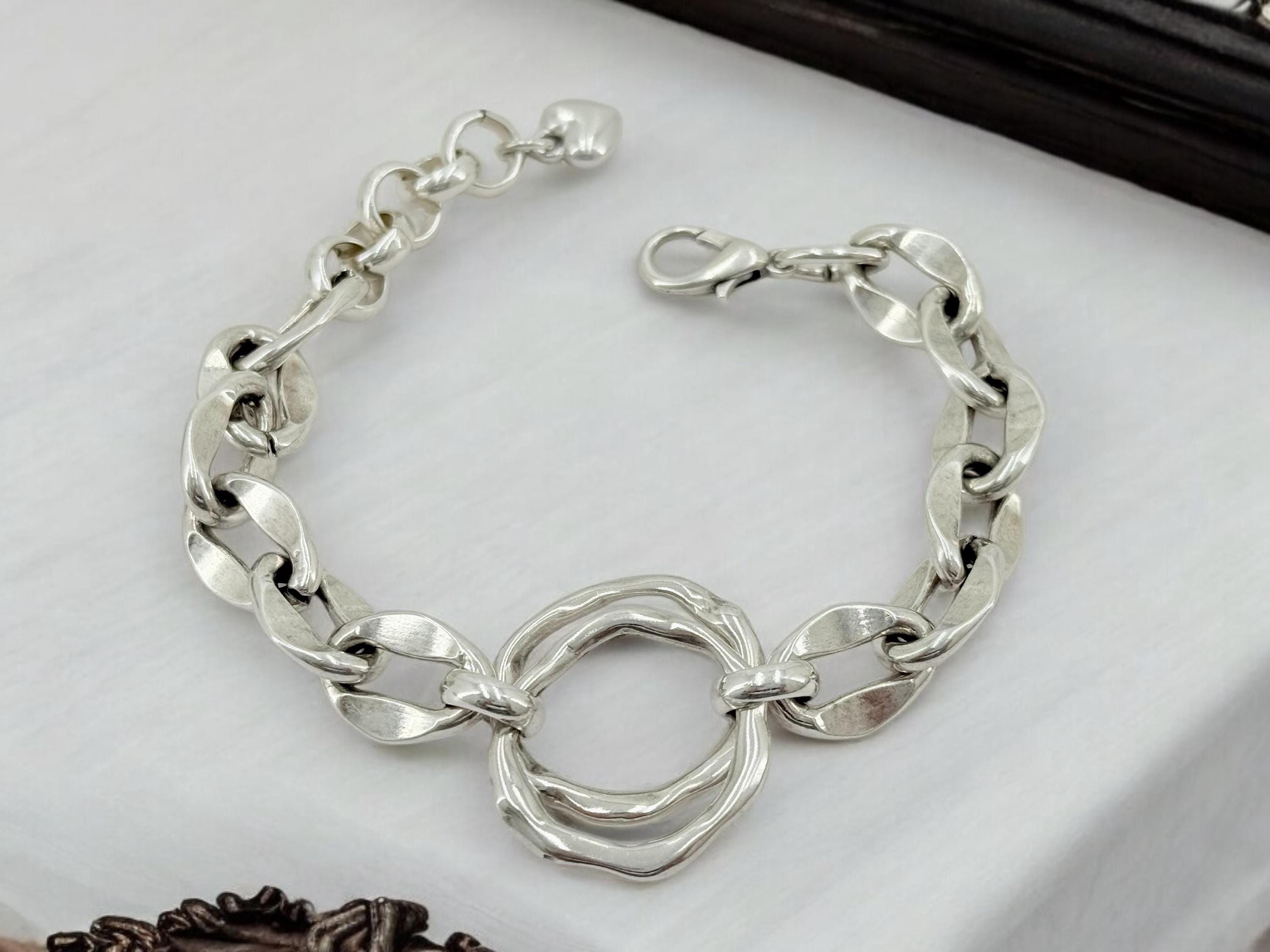 Chunky silver chain cicleshaped bracelet, bold link bracelet, heavyweight chain bracelet, thick bracelet, , women’s gift