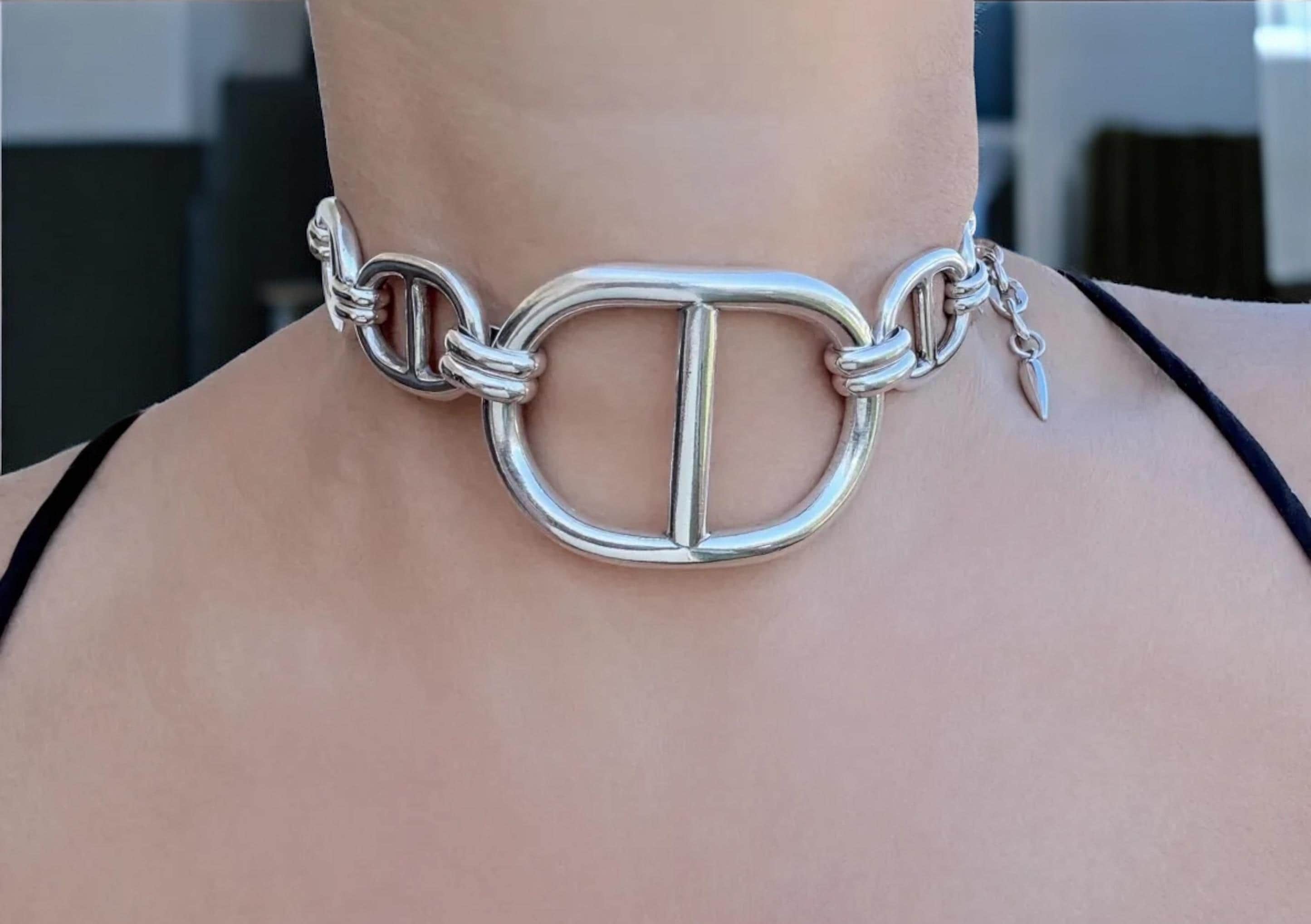 Silver plated brutalist choker with chunky central mariner link, handmade jewelry