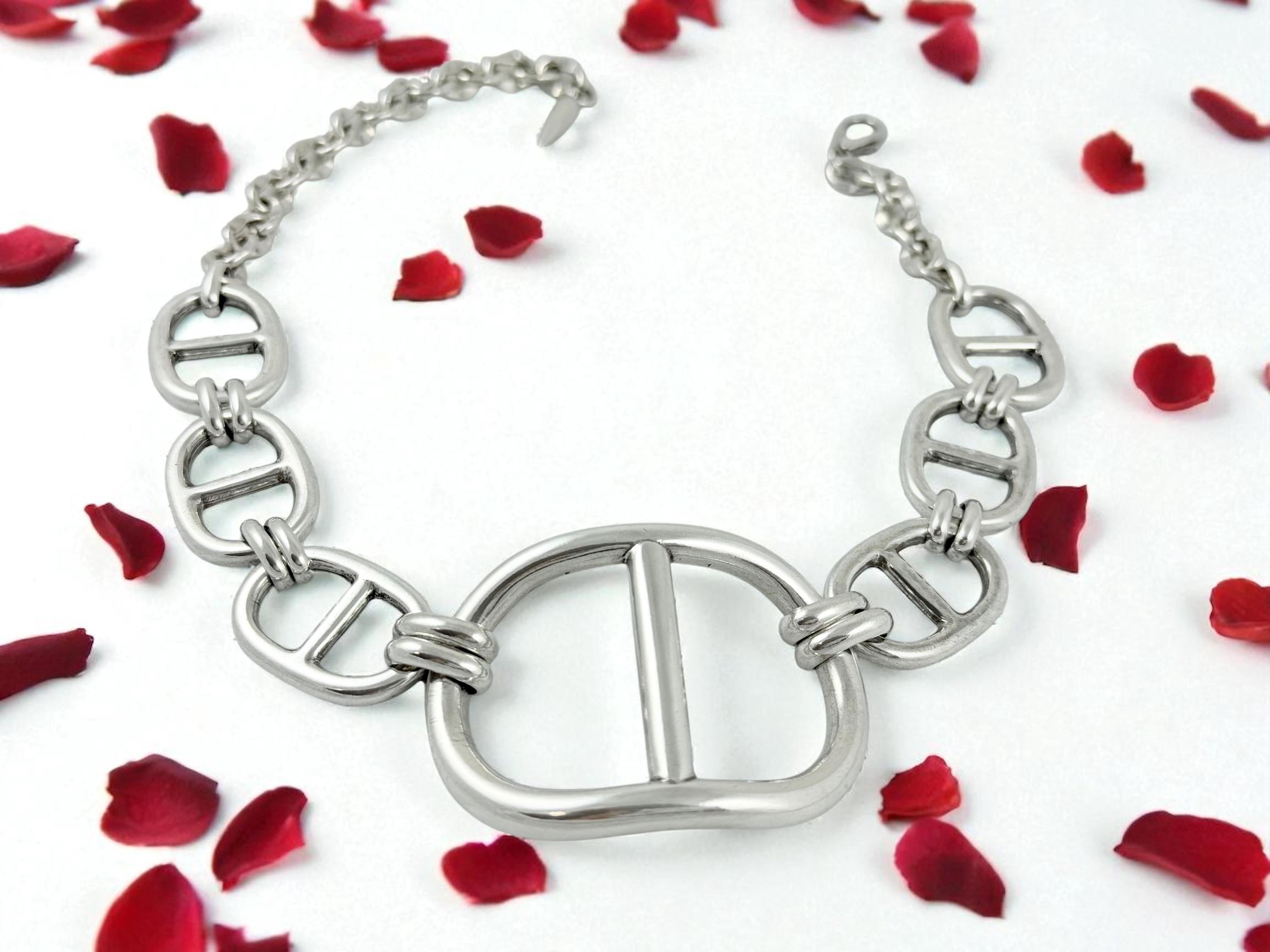 Silver plated brutalist choker with chunky central mariner link, handmade jewelry