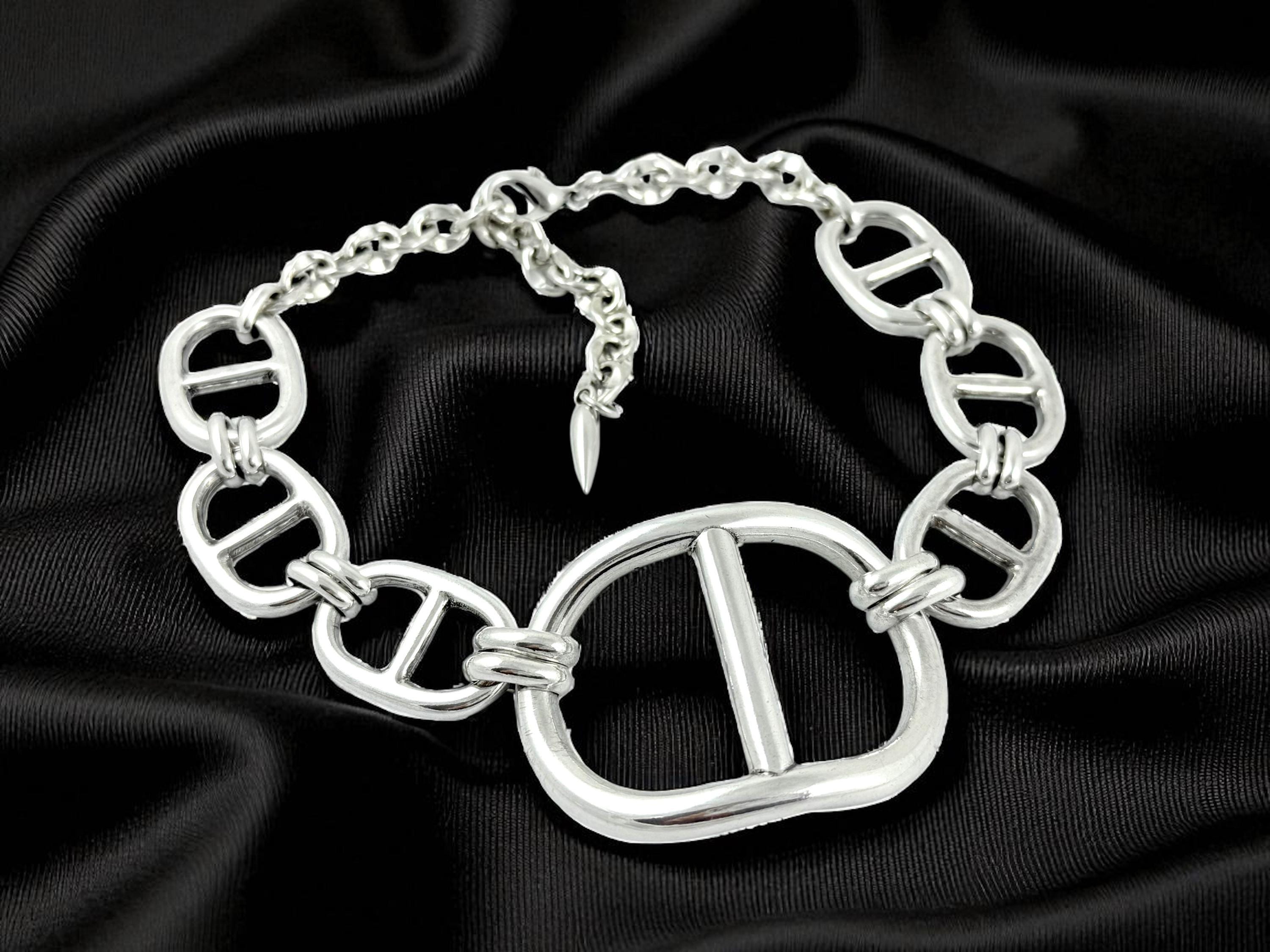 Silver plated brutalist choker with chunky central mariner link, handmade jewelry