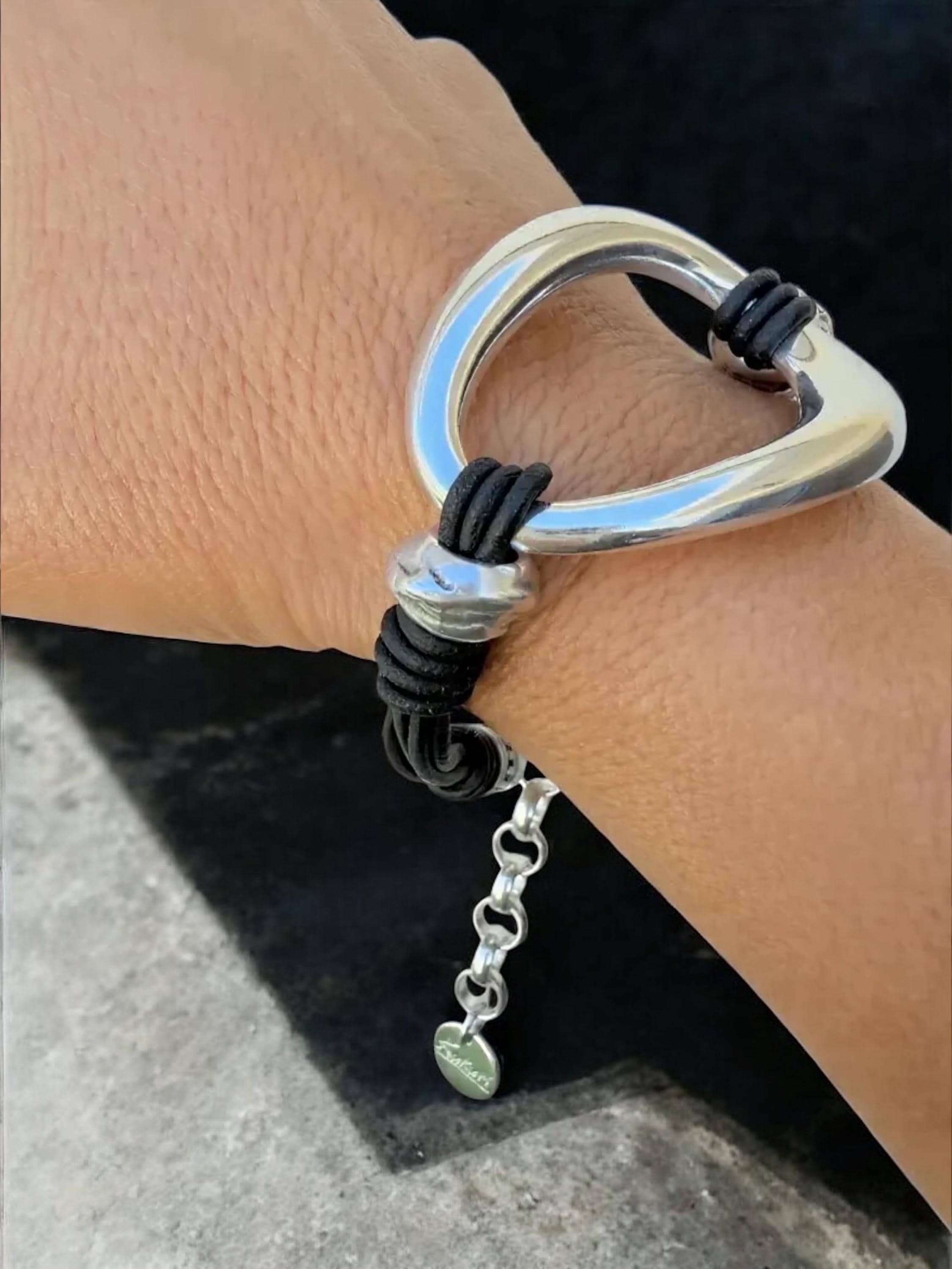 Chunky leather & silver bold bracelet – brutalist boho style – adjustable – handmade kukuri jewelry