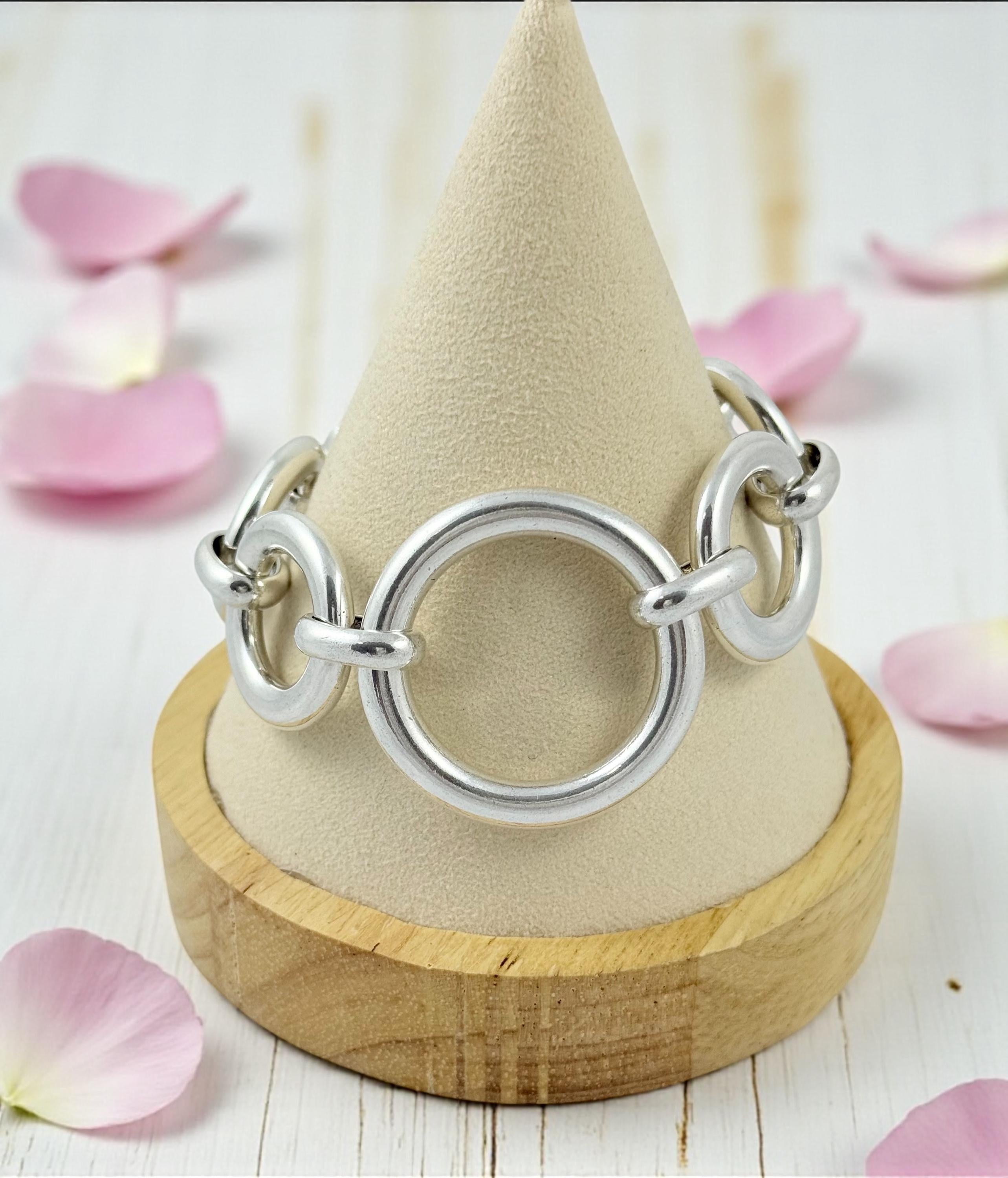 Chunky round-link silver bracelet – oversized bold rings – adjustable big size – handmade kukuri jewelry