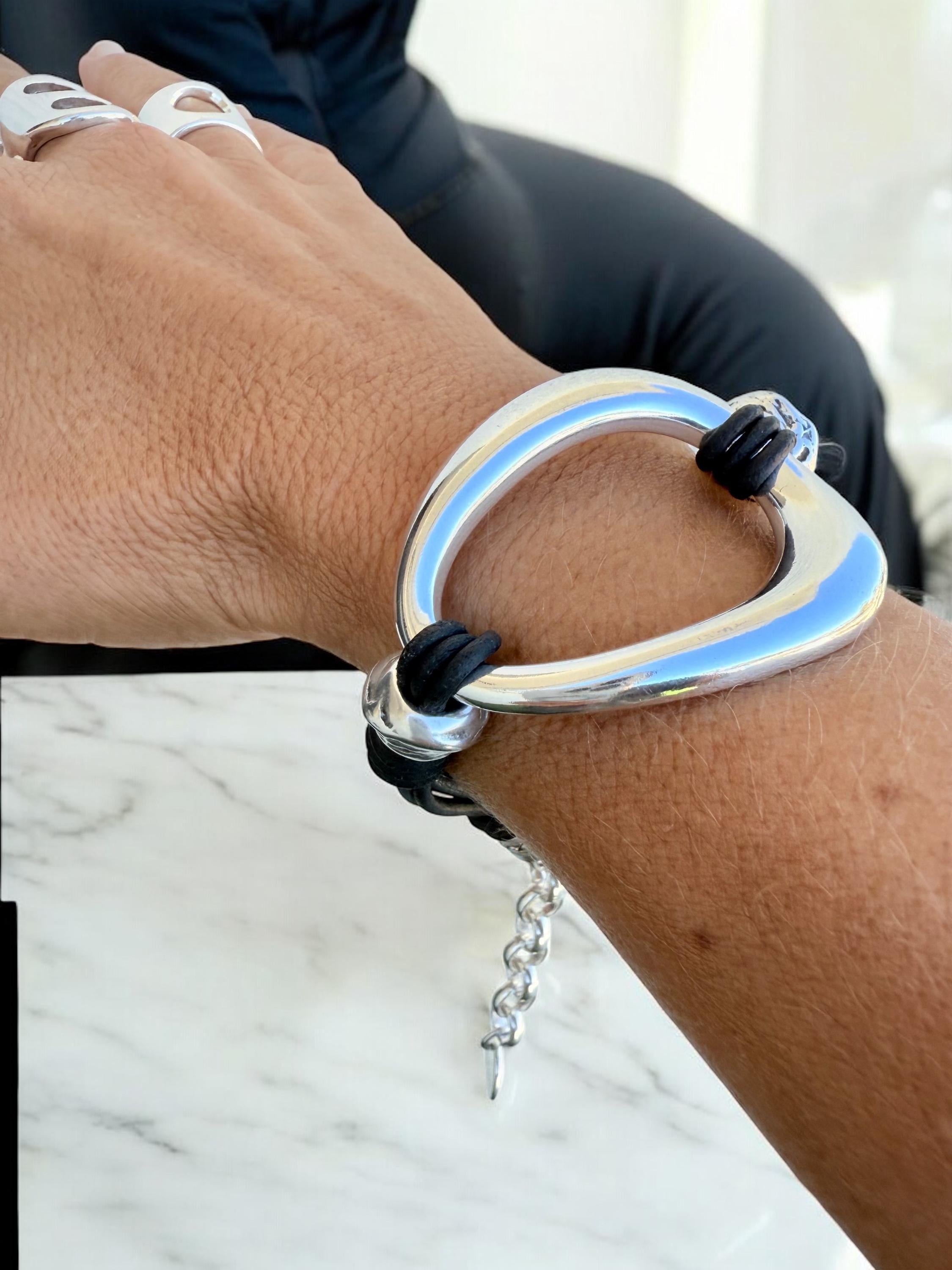 Chunky leather & silver bold bracelet – brutalist boho style – adjustable – handmade kukuri jewelry