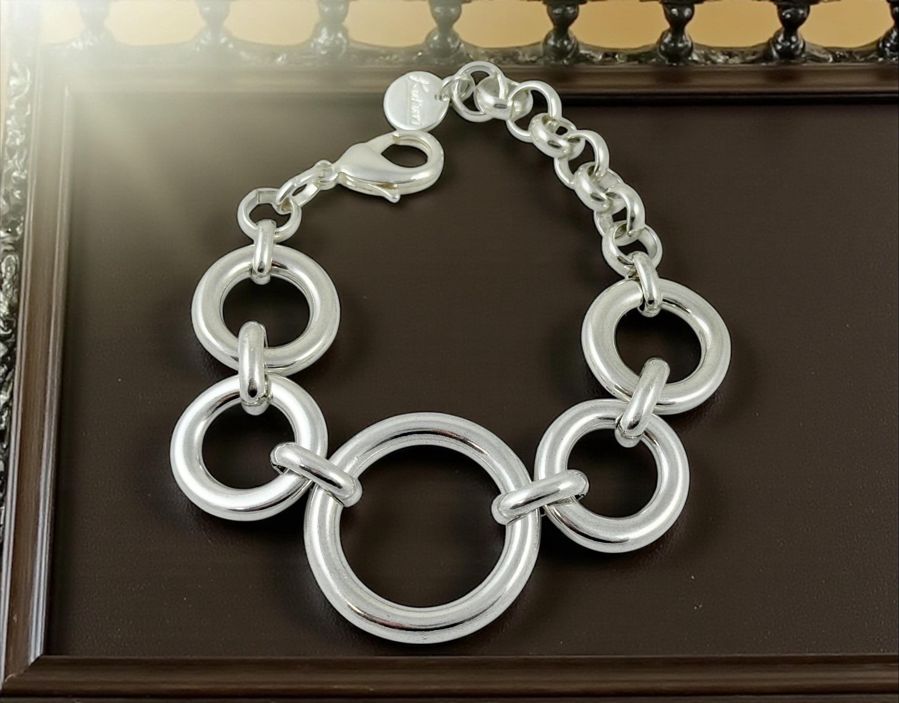Chunky round-link silver bracelet – oversized bold rings – adjustable big size – handmade kukuri jewelry